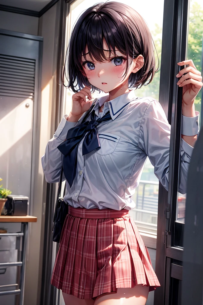 lighting like a movie、top-quality、Slender Line、girl Lift-Up Skirt、Strawberry print panties、school classrooms、embarrassed from、Wearing sweat、full of sweat、