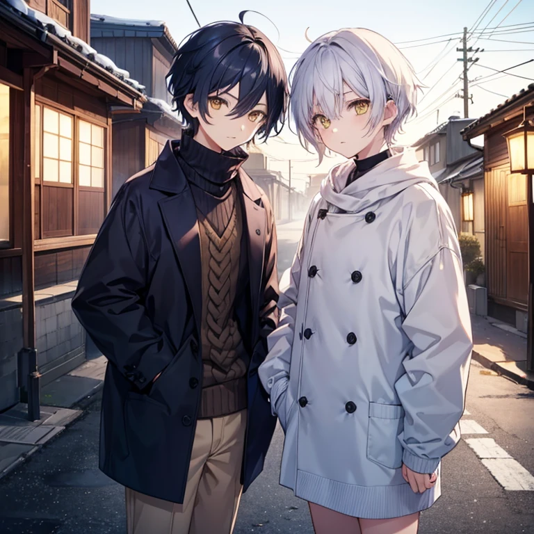 animesque,male people,Indigo hair,Mashed Hair,short-haired、Yellow eyes,a cool,Winters,outside of house,muffler,Sweaters、yuki、twinks