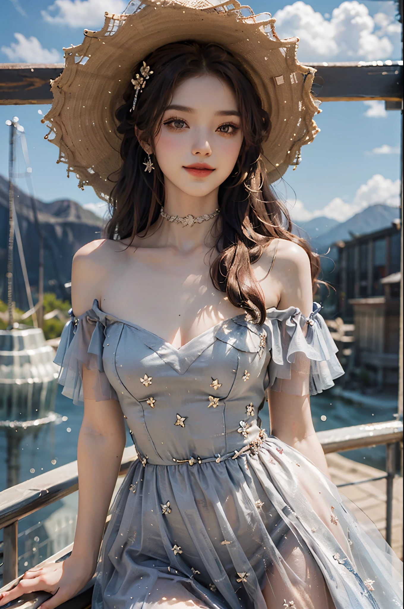 long dress,bare shoulders,fashi-girl, ((cowboy shot)), (best quality, masterpiece:1.2), ultra-detailed, (realistic:1.37), beautiful, youthful, glamorous model with (detailed eyes, detailed lips, extremely detailed eyes),   in a knee shot, with white and floral colors, showcasing a radiant smile, slender figure, long legs, creating a breathtaking depiction of a girl enjoying the sunshine, On the bow, leaning against the guardrail, looking into the distance