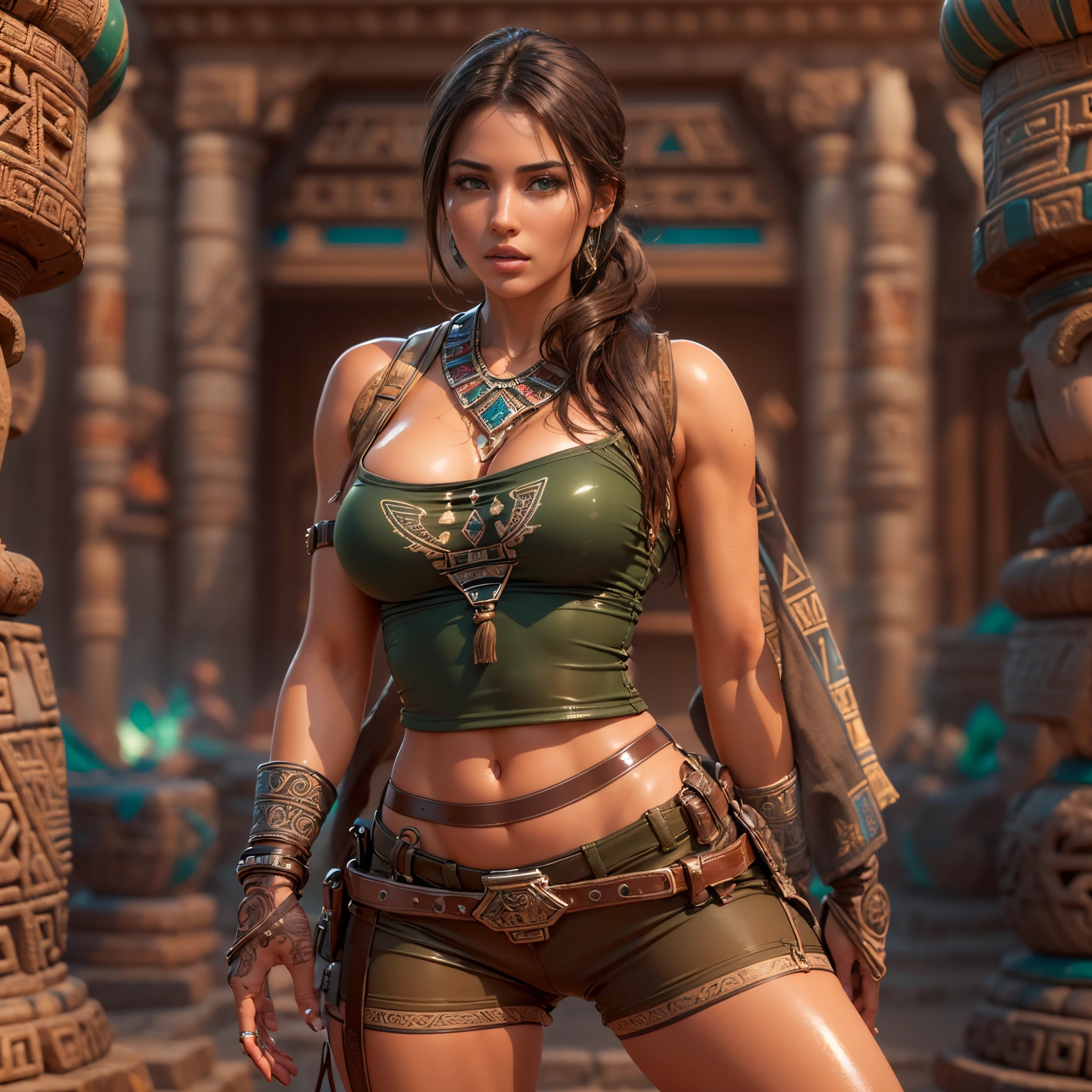 8K ultra-realistic, high resolution masterpiece , highly detailed artwork , depicting a stunningly busty beautiful and alluring young Lara Croft in her signature attire , sexy kaki shorts and a blue crop top with a deep neckline , hiking boots,thigh gun holsters, . Long brown hair with a ponytail, ((((sensual and beautiful detailed glossy lips, extremely detailed and realistic bright green eyes and a extremely beautiful angelic face, lifelike skin tones ))))), (((really huge bouncing breasts))) ((( partially exposed breasts 1.6)))with an (((Amazing tiny sportive body with small waist and big nice round butt ))). ((((She exuding a sexy appeal set against the backdrop of an Aztec pyramid in the background , with highly detailed surroundings, and light reflections to elevate the realism . Ensure intricate ultra realistic skin details,))) (HDR lighting, and ray tracing effects,) striving for an art piece reminiscent of a renowned artist's style, aiming for maximum visual allure and lifelike realism.,(realistic,photorealistic,photo-realistic:1.37),HDR ,UHD, studio lighting, ultra-fine painting, sharp focus,physically-based rendering, ,vivid colors. Full body view