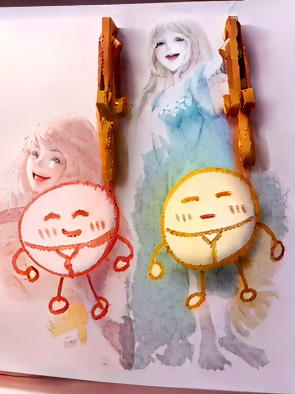 note personification,May have extra limbs, stickfigure, happy face, badly drawn, lewd poses(raise both arms + Happy), hanging from the ceiling, grin face, corrected face, His arms and legs are dangling, both laughing, take hand, The two smile at the camera, Medium shot of two characters, hand-drawn animation, cute faces