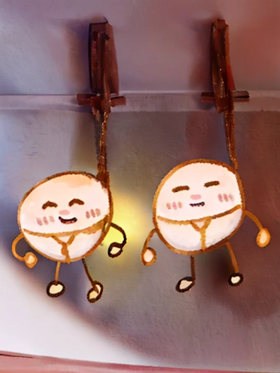 note personification,May have extra limbs, stickfigure, happy face, badly drawn, lewd poses(raise both arms + Happy), hanging from the ceiling, grin face, corrected face, His arms and legs are dangling, both laughing, take hand, The two smile at the camera, Medium shot of two characters, hand-drawn animation, cute faces