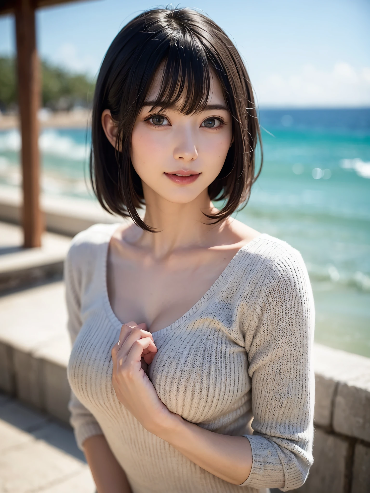 1人、top-quality、realisitic、独奏、depth of fields、natural soft light、during daytime、魅惑的、beauitful face、Cleanliness、Pure face、de pele branca、kawaii、short-hair、bangss、the beach、rays of sunshine、nedium brell body Esbian、((Sweaters、Beautiful face of golden proportions、Symmetrical beautiful face))、long neck、Put your ears out、Clean short bob hair with bangs、Smile with your mouth closed、Perfect fingers、perfect hand、Perfect body、face perfect、Shine a light into the eyes、Perfect Anatomy:1.4、very cute super model:1.4