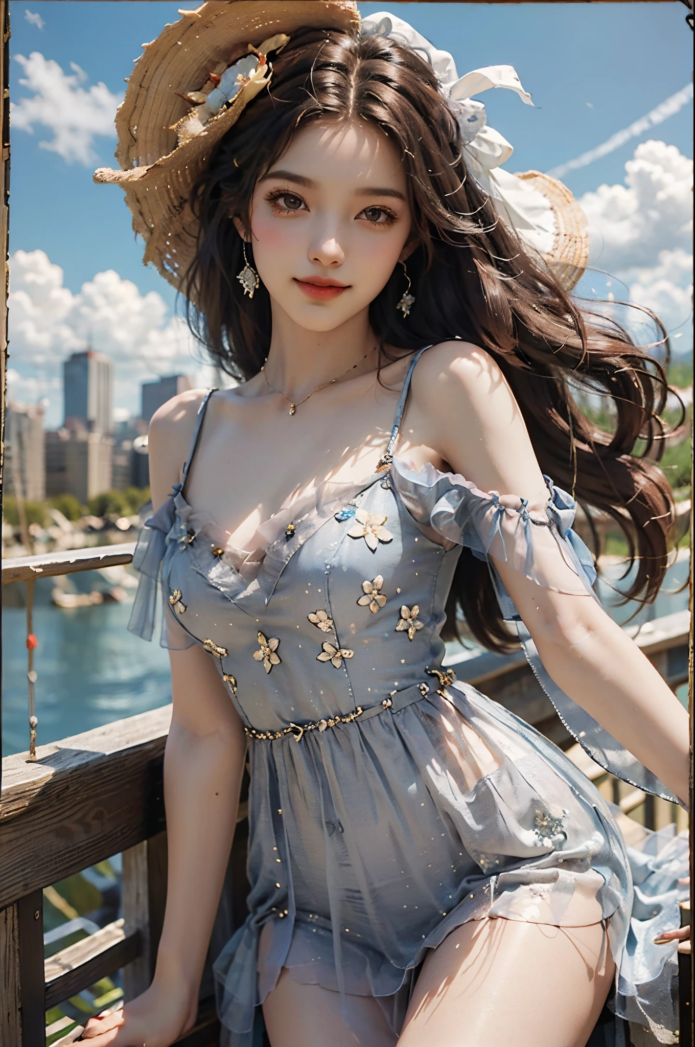 long dress,bare shoulders,fashi-girl, ((cowboy shot)), (best quality, masterpiece:1.2), ultra-detailed, (realistic:1.37), beautiful, youthful, glamorous model with (detailed eyes, detailed lips, extremely detailed eyes), in a knee shot, with white and floral colors, showcasing a radiant smile, slender figure, long legs, creating a breathtaking depiction of a girl enjoying the sunshine, On the bow, leaning against the guardrail, looking into the distance