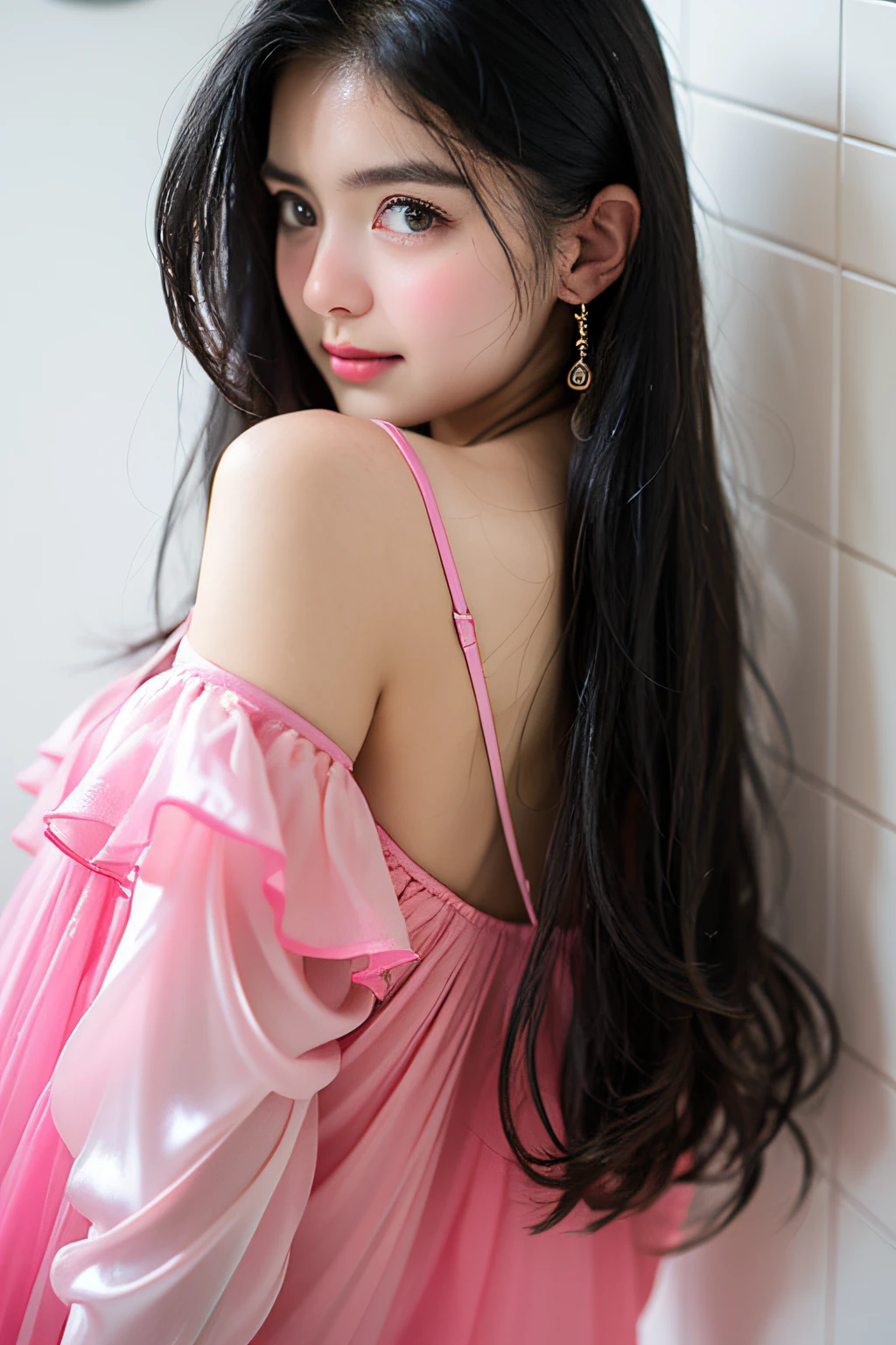 sexy girl in bathroom,Wet pubic hair,Charming eyes,Heartwarming action,from the rear,Turn your face away from the camera,stooped,Bend over,turn back,Look up at your head,transparent silk pajamas ,thick long hair,Highly detailed body,Highly detailed face,best qualtiy,(Pink bra),(Off-shoulder open-front translucent blouse),