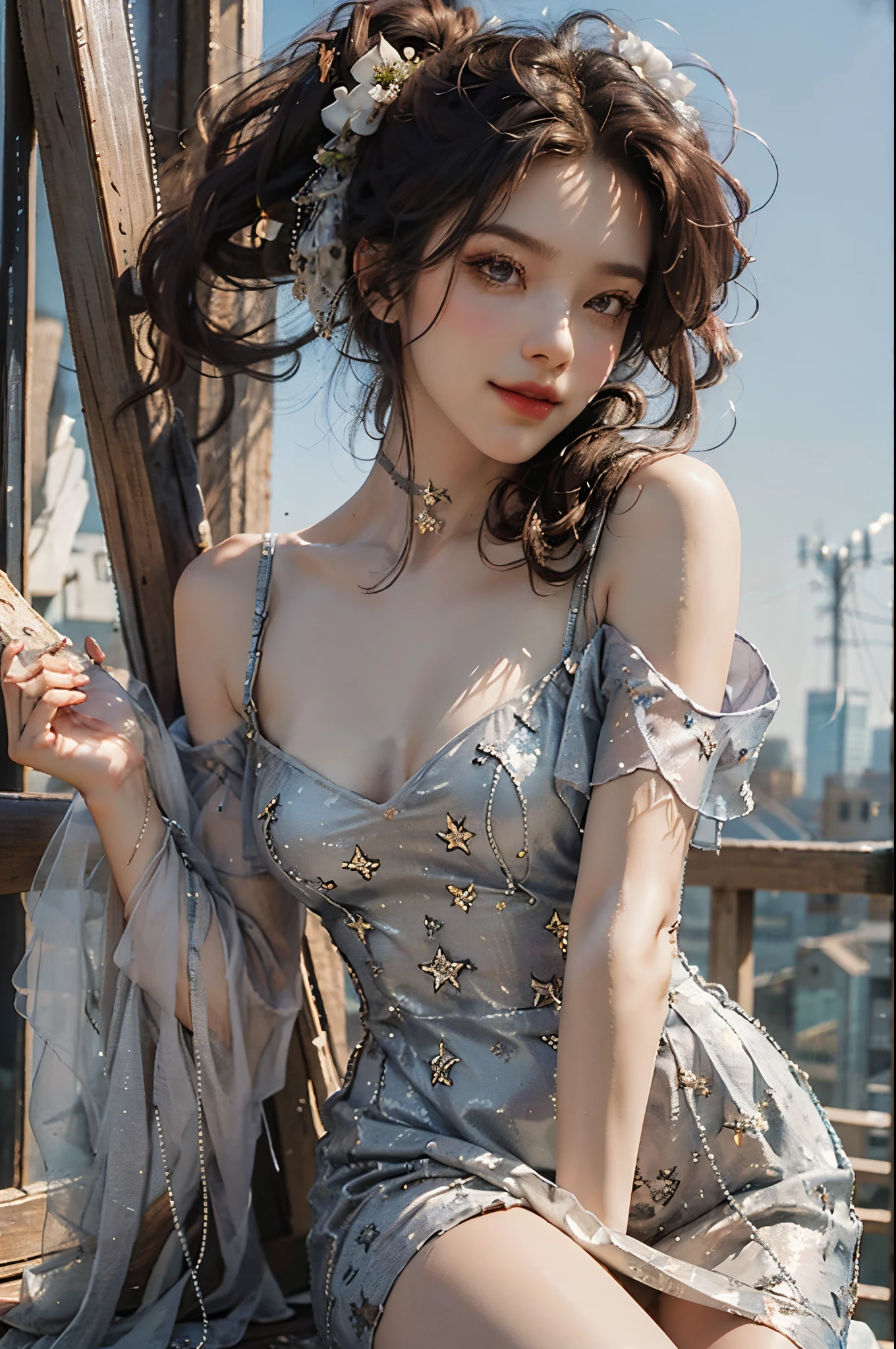 long dress,bare shoulders,fashi-girl, ((cowboy shot)), (best quality, masterpiece:1.2), ultra-detailed, (realistic:1.37), beautiful, youthful, glamorous model with (detailed eyes, detailed lips, extremely detailed eyes),   in a knee shot, with white and floral colors, showcasing a radiant smile, slender figure, long legs, creating a breathtaking depiction of a girl enjoying the sunshine, On the bow, leaning against the guardrail, looking into the distance