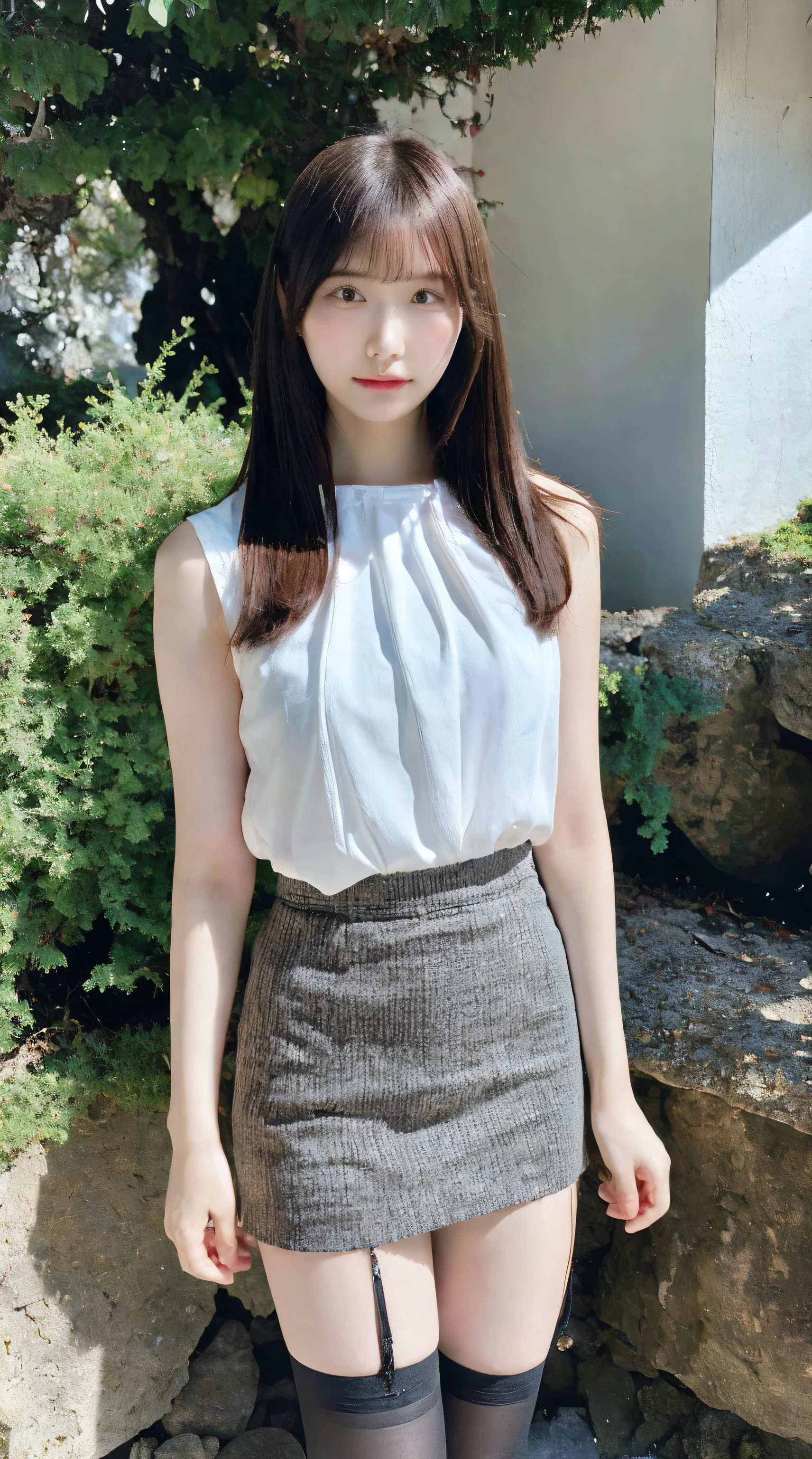 (Best Quality, masutepiece, Ultra HD: 1.3, High brightness, High color saturation), 1girl in, 24 year old,(thin and long legs,:2.0), Full body figure,straight haired, Long hair, (hide one's hands) See-through white blouse, (Black enamel mini skirt*1.5), (Black stockings), (a japanese girl, hposing Gravure Idol), Broad-leaved forest, 135 mm, Fuji Film,