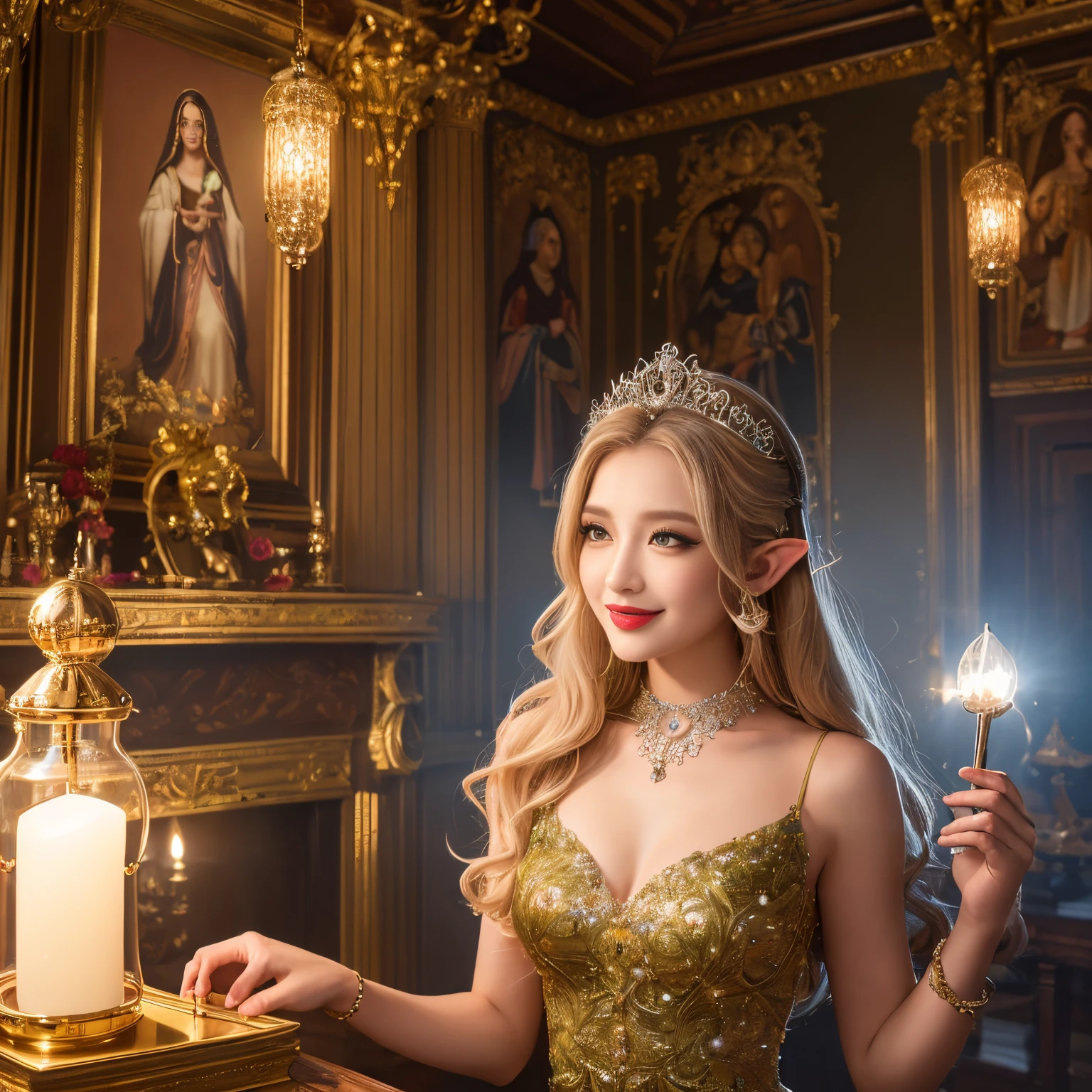 ((top-quality、masutepiece、8K、Top image quality、Highly complex and detailed depictions))、(Photo of the upper body of an elf princess:1.3)、huge top quality tiara、huge top quality necklace、the most beautiful elf princess、fairy tale elf princess、The Most Sacred Princess Dresses、Dresses that emit light from the inside、the most beautiful elf princess dress、The brilliance of a fairy tale、Fairytale atmosphere、Fantastical、The most intricate and sacred dresses、the most beautiful elf princess in the world、Luminous Dresses、Filled with Divine Light、Extravagant tiaras and necklaces、Fantastical、A garrison house surrounded by sacred green light、spectacular movie lighting、Luxurious guruhouse at night、(Shining garrison house:1.3)、The most luxurious and huge garrison、Shining and luxurious garrison house、A garrison tower that shines in a very luxurious and sacred light green、Huge guruhouse in the middle of the night、Very complex decoration))、(View me、Bewitching smile、Perfect makeup、long eyelashes、lipsticks、Pink eyeshadows、perfect anatomia、A slight smil)