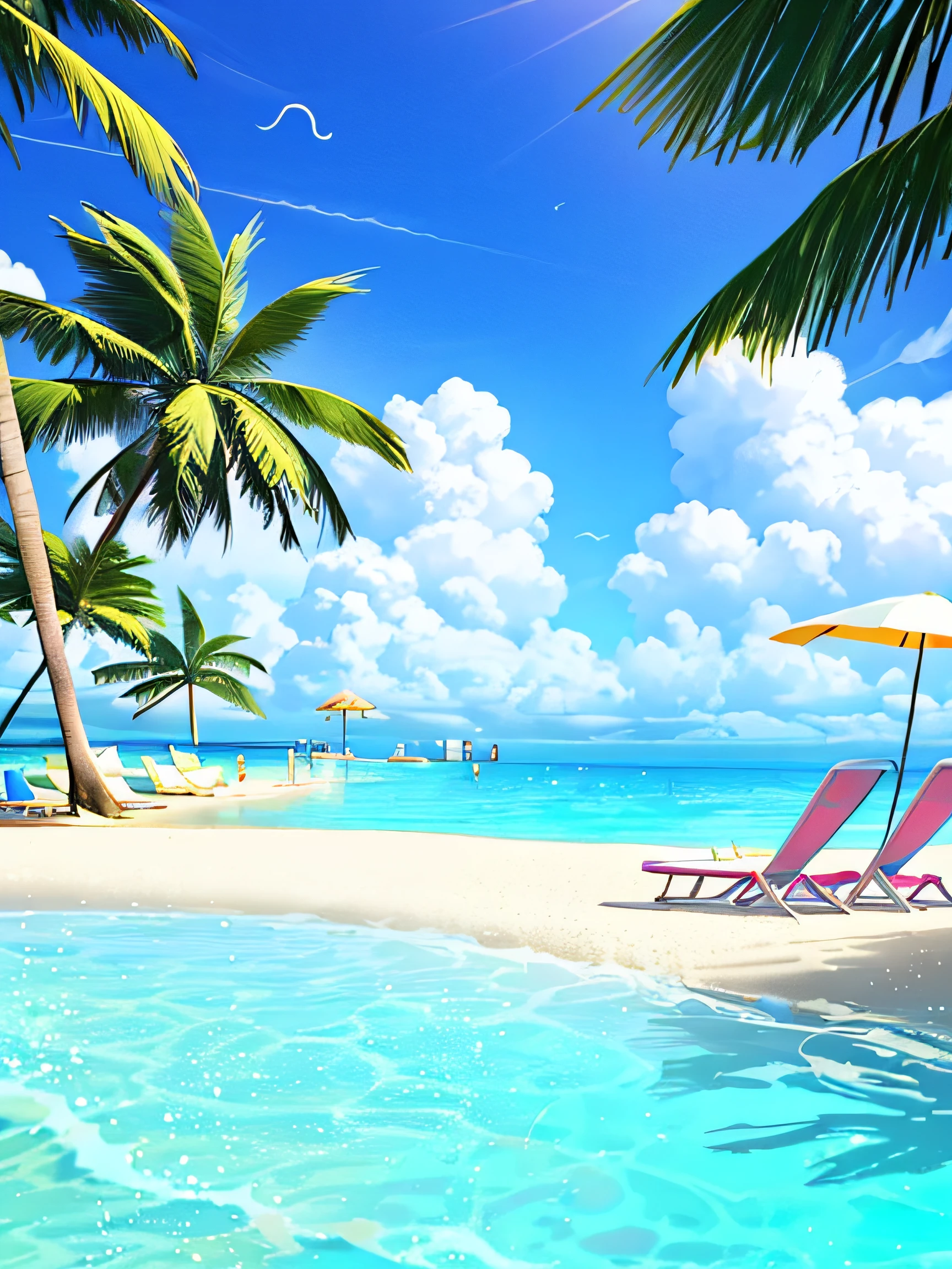 The beach has a swimming pool、Deckchairs and umbrellas。, Relaxing concept art, dreamy scenes, Summer time, dreamlike illustration, trending on cgstation, relaxing on the beach, beach aesthetic, beautiful magical palm beach, Cool background, amazing background, summer unreal engine 5, breezy background, Magical beach, background artwork, Beach background, Tropical paradise