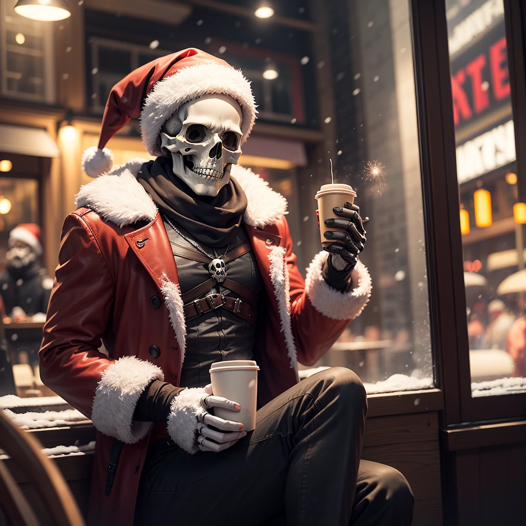 1 Male character "death", skull face, New Year's Santa Claus costume, death, skeletal hands, cafes, Coffee in hand,Fireworks outside the window, It's snowing,Evening music,Perfect Quality,Clear Focus,extremely colourful