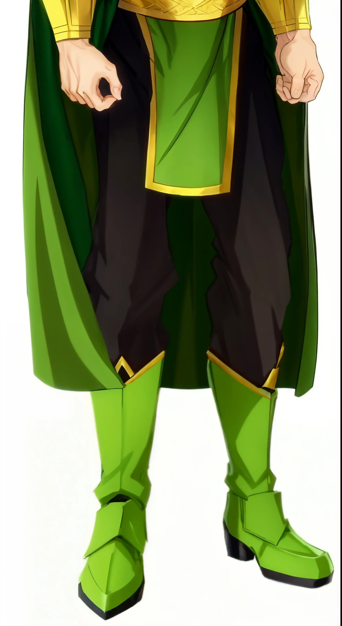 Anime muscular man in a green and yellow outfit, green cloak, with a green cloak, wearing green cloak, green muscular legs, wearing a green cloak, green cape, green armor, green robes, earing green battle armor