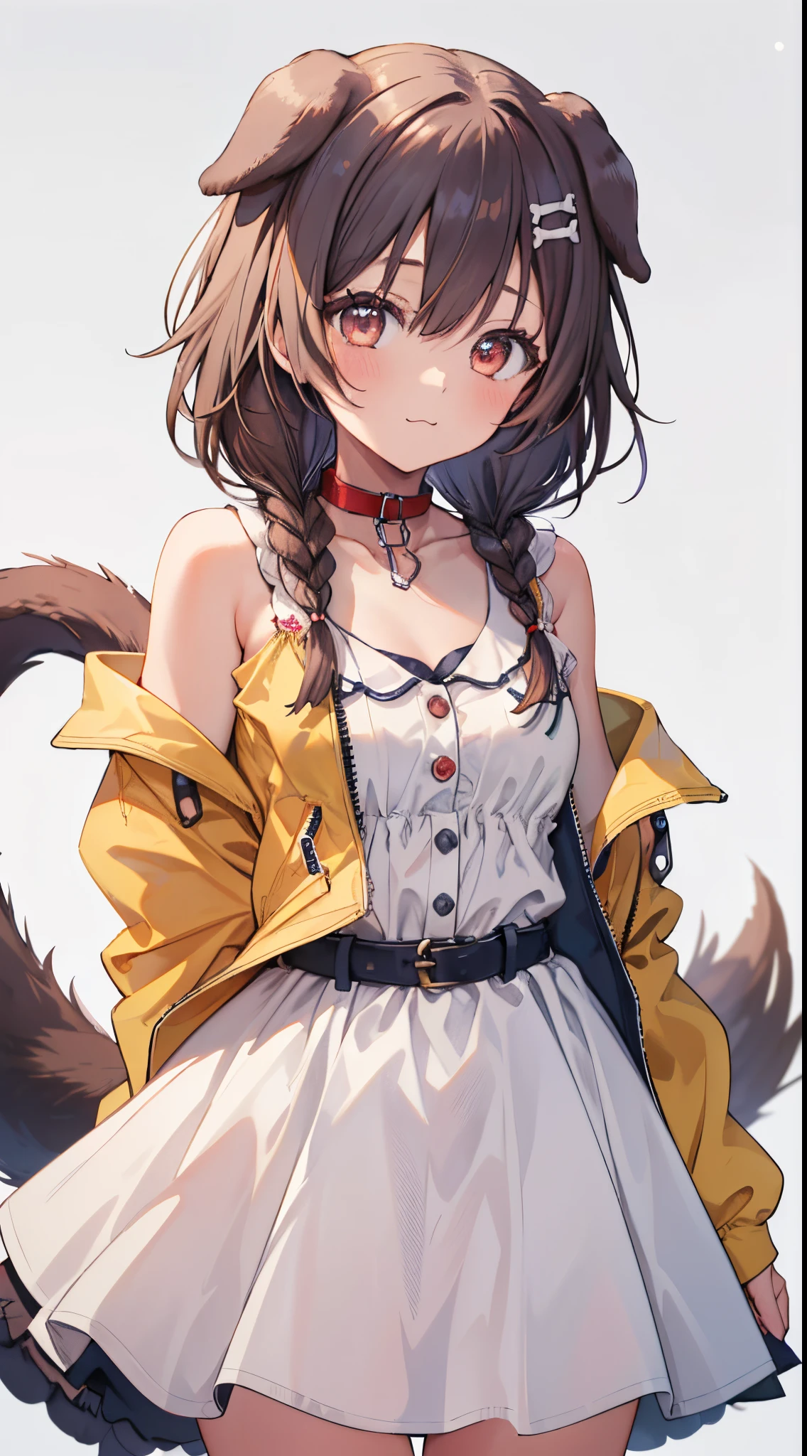 1girl in, Solo, (White background:1.4), Simple background, Standing, Cowboy Shot, corone default, Yellow jacket, White Dress, off shoulders, animal collar, low twin braids, Bone hair ornament, Dog tail, :\3