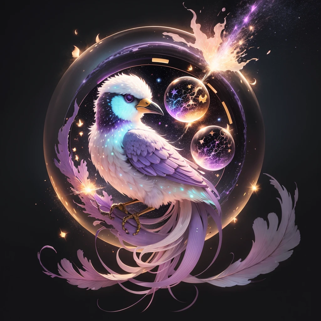 A beautiful bubble bird, forma de bolha, pale purple , surrounded the sparks of the galaxies and the glows of the zodiac, no fundo preto