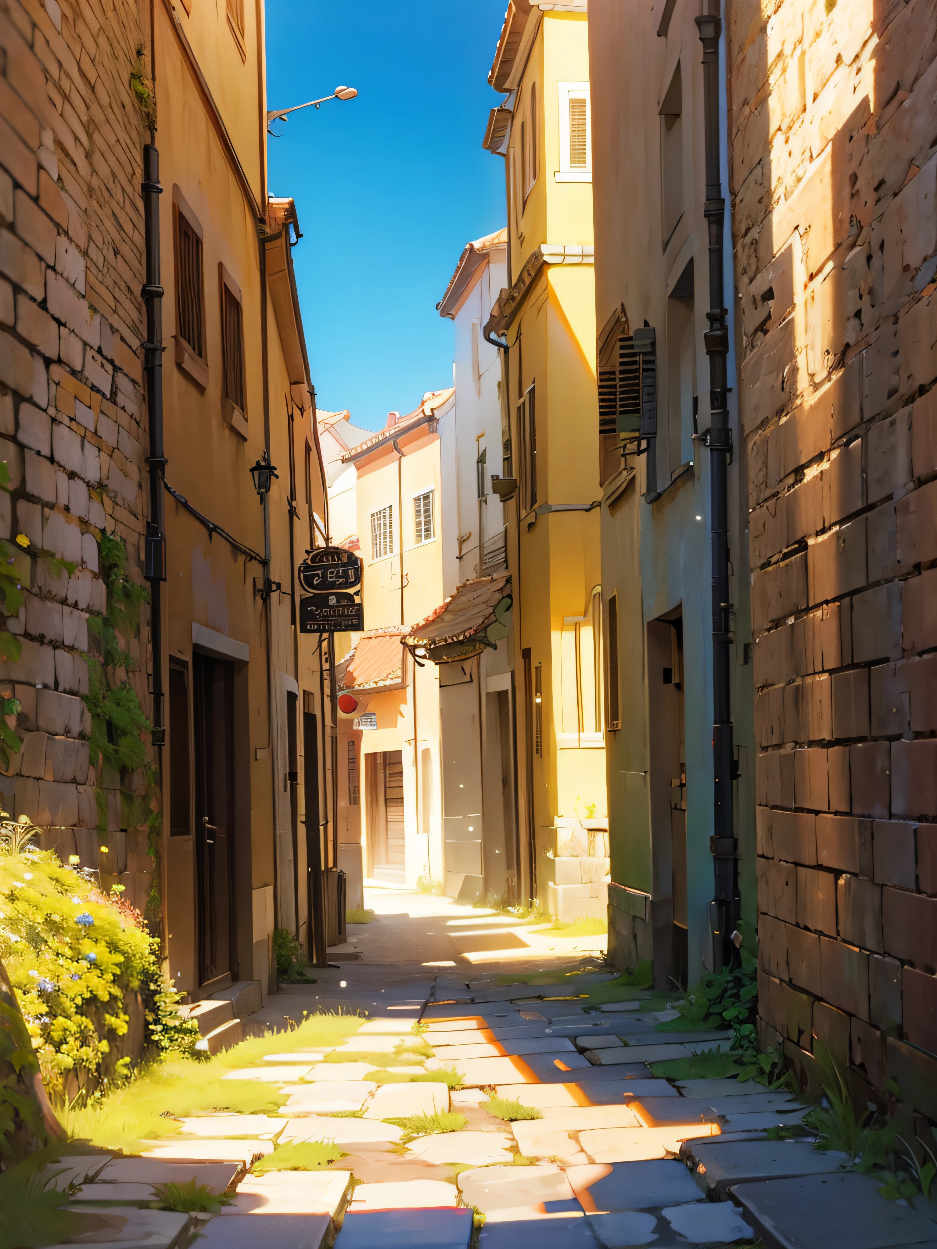 empty ancient roman street in day time, bright sun shine,