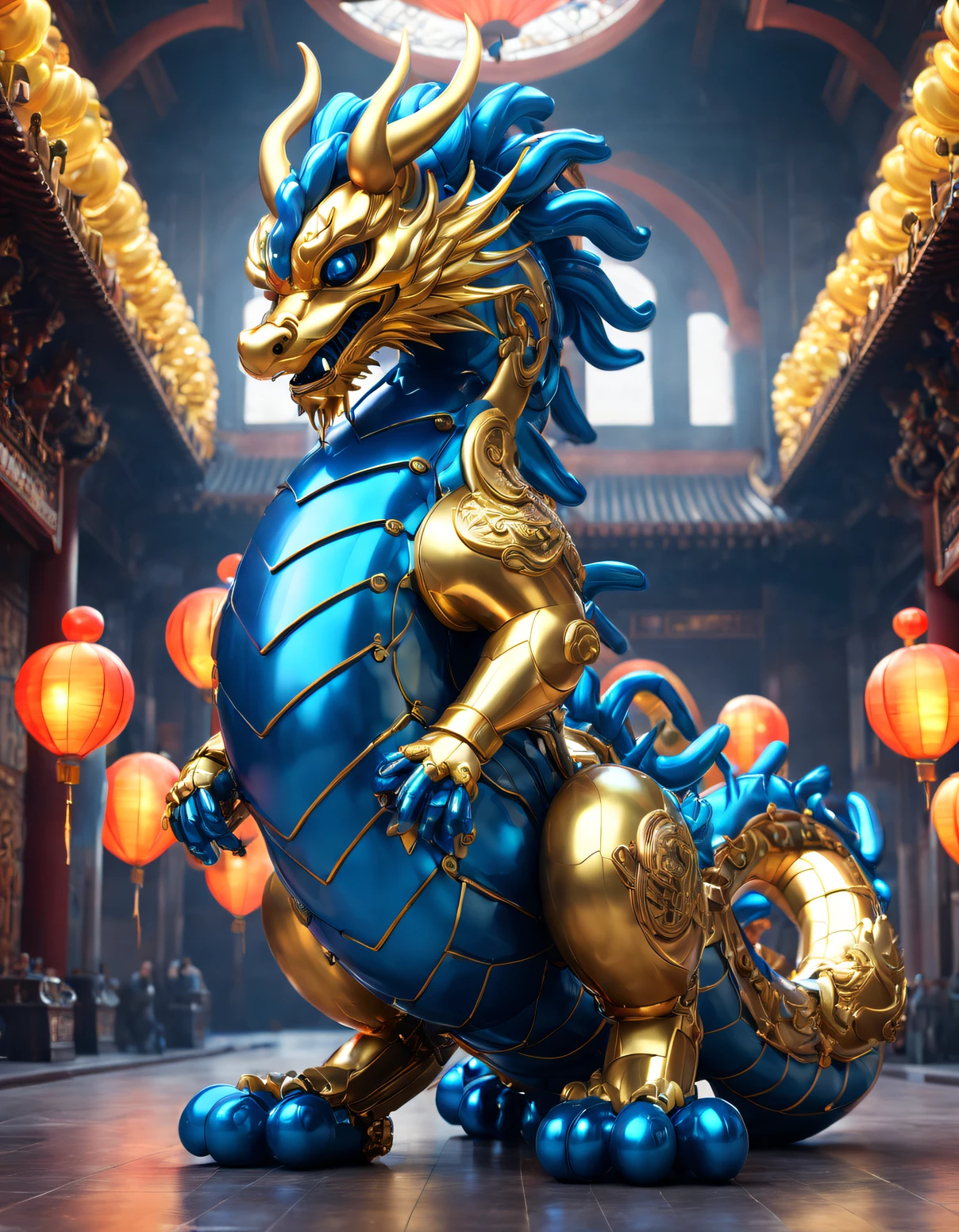 （balloon art design），（Balloon animal design），（Chinese dragon made of blue and gold balloons），cyber punk personage，Complex and gorgeous CG style, hyper detailed 3d render,, c4d, Rendered by Octane, Blander, 8K, k hd， com mascot，Holographic Chinese Palace