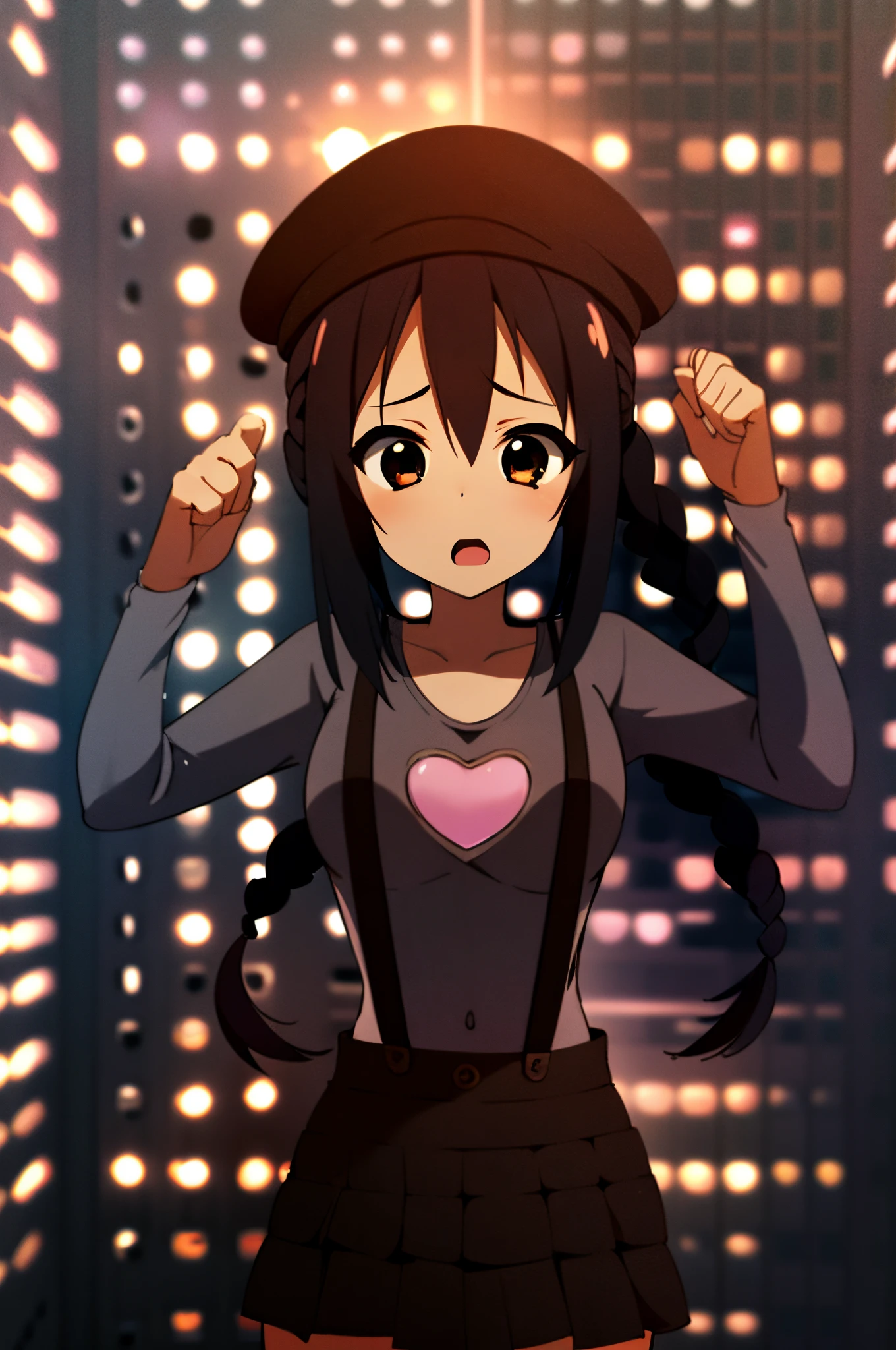 1girl, (((masterpiece))), top-quality, top-quality, high détails, nakano azusa, 1girl, Twin-tailed, length hair, A dark-haired, brown-eyed, Gray T-shirt.suspenders.a black skirt.illustratio, comic strip, soothing tones, Subdued Color, Soft cinematic light, adobe lightroom, photolab, HDR, intricately and hyper-detailed、(((depth of fields))))。(((masterpiece)))。(((top-quality))).)((ultra-detailliert)))。(((illustratio)))。(((takeout))).dynamic focus.big breasts.(((Skyscrapers))).(((A city scape))).(((Face of sadness))). open mouth.(((fighting stance))).(((up chest))).((evening glow)).((the setting sun)).(((Heart on chest))).Feathered hat