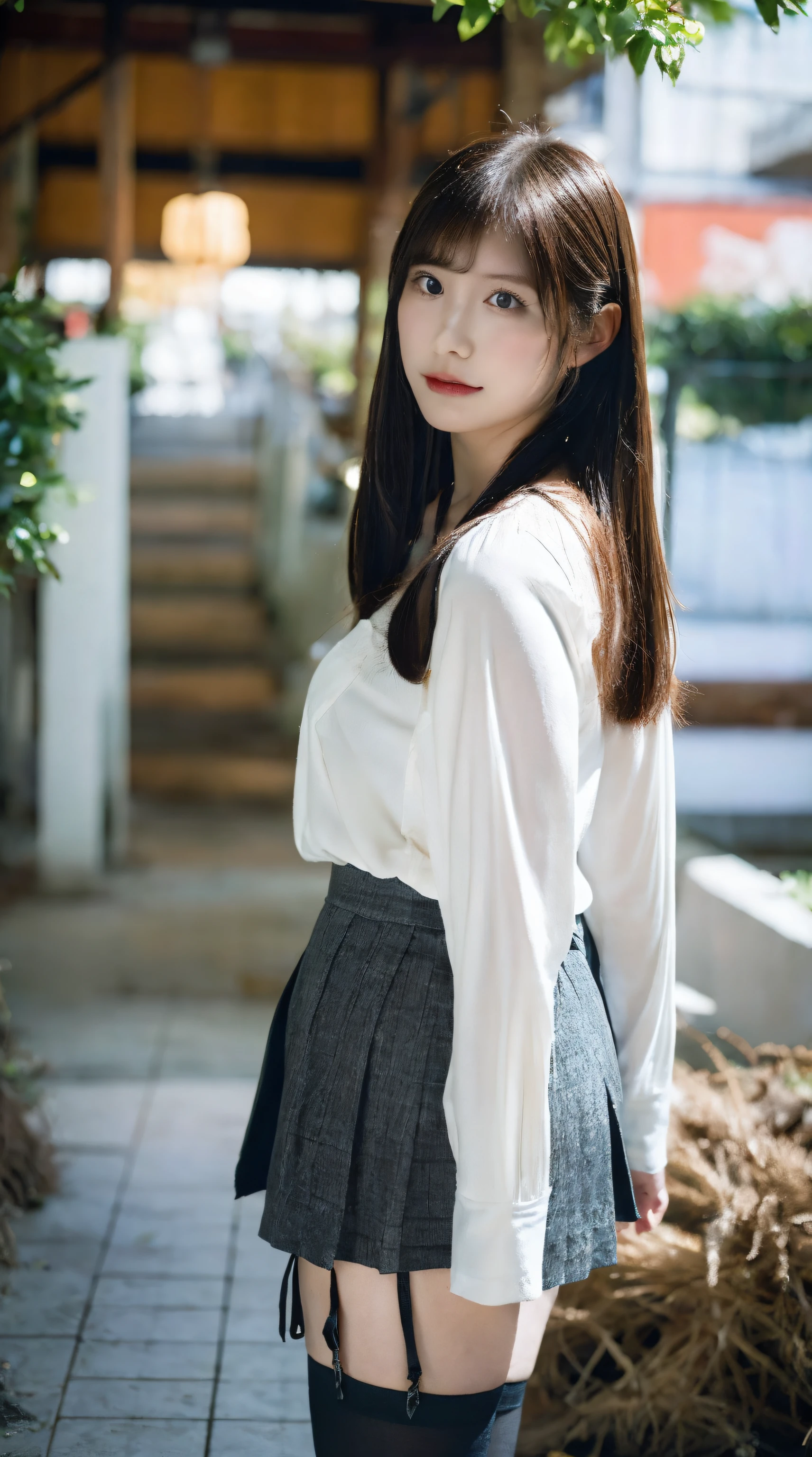 (Best Quality, masutepiece, Ultra HD: 1.3, High brightness, High color saturation), 1girl in, 24 year old,(thin and long legs,:2.0), Full body figure,straight haired, Long hair, (hide one's hands) See-through white blouse, (Black enamel mini skirt*1.5), (Black stockings), (a japanese girl, hposing Gravure Idol), Broad-leaved forest, 135 mm, Fuji Film,