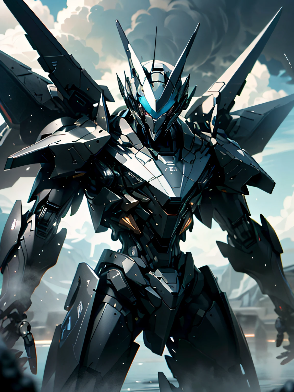 ((Best Quality)), ((masutepiece)), (Very detailed: 1.3), 8K, Cool painting, Full of sci-fi, black assassin with two knives, There'A huge black mech stands behind it., Streamlined black armor, Black throughout, complex weapons and equipment, Gundam Humanoid Mecha, Anime Mecha Aesthetics, Perfect body proportions, Heads-up view, Standing posture, Military Giant Mecha, missiles, boulders, futuristic technology, Realism, Dark clouds in the sky, Dark war background, Ray tracing, light Particle, NVIDIA Trtx, Super Resolution, Unreal 5, Subsurface scattering, Specular and albedo maps, thirds rule, Large aperture, battle posture, 8K raw data, high efficiency sub-pixel, Subpixel Convolution, light Particle, light scattering, Tindall Effect, Ray tracing.