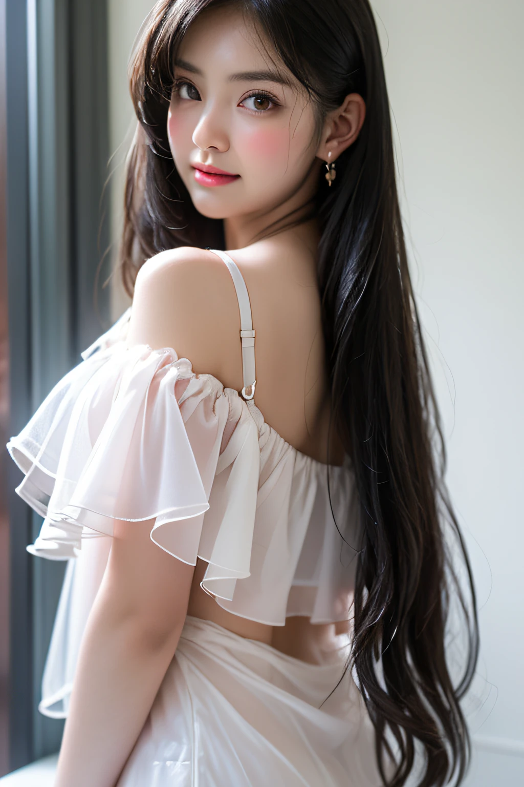 sexy girl in bathroom,Wet pubic hair,Charming eyes,Heartwarming action,from the rear,Turn your face away from the camera,stooped,Bend over,turn back,Look up at your head,transparent silk pajamas ,thick long hair,Highly detailed body,Highly detailed face,best qualtiy,(Pink bra),(Off-shoulder white open-front translucent blouse),