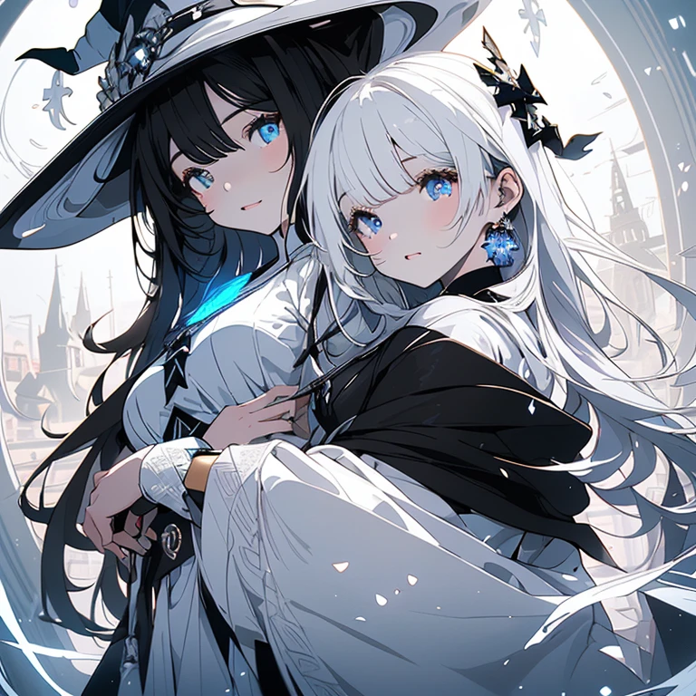 ((masterpiece、top-quality:1.5、a high chroma:1.5、ultra-detailliert、high-resolution illustrations:1.5、Ultra-high-definition CG、8k size wallpaper、offcial art))、((2girls、twin sisters)),(yuri),(cute face:1.5)、(clear face:1.3),(Shining eyes:1.5)
((black-only color scheme witch:1.5)), ((white-only color scheme witch:1.5)),(sexy body),(One is only black and the other is only white),(contrasting color witch),(), ((medium breasts))、
,(The background is a triple structure of bright colors, luminous pentagrams, luminous creatures, and luminous circles,)、midjourney