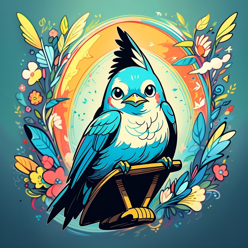 bird song, etiqueta, enthusiastic, Primary Color, estilo de arte outsider, contorno, vetor, fundo branco, circunstanciado