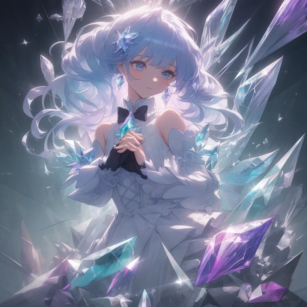 (((crystals texture Hair)))，{{{{{extremely detailed CG}}}}},{{8k_wallpaper}},{{{{Crystalline purple gemstone gloves}}}},((beautiful detailed Glass hair)),((Glass shaped texture hand)),((Crystallize texture body)),Gem body,Hands as clear as jewels,Crystallization of clothes,((crystals texture skin)),sparkle, lens flare, light leaks, Broken glass，{{{{Detailed Glass shaped clothes}}}}， ((masterpiece)), (((best quality))), ((ultra-detailed)), ((illustration)), ((disheveled hair)), ((frills)), (1 girl), (solo), dynamic angle, big top sleeves, floating, beautiful detailed gemstone sky, gemstone sea, beautiful detailed eyes, overexposure, side blunt bangs, hairs between eyes, ribbons, bowties, buttons, bare shoulders, (((small breast))), pleated skirt, crystals texture flowers， ((Detailed crystallized clothing)),(gemstone of body)，solo focus,hands together/own hands together