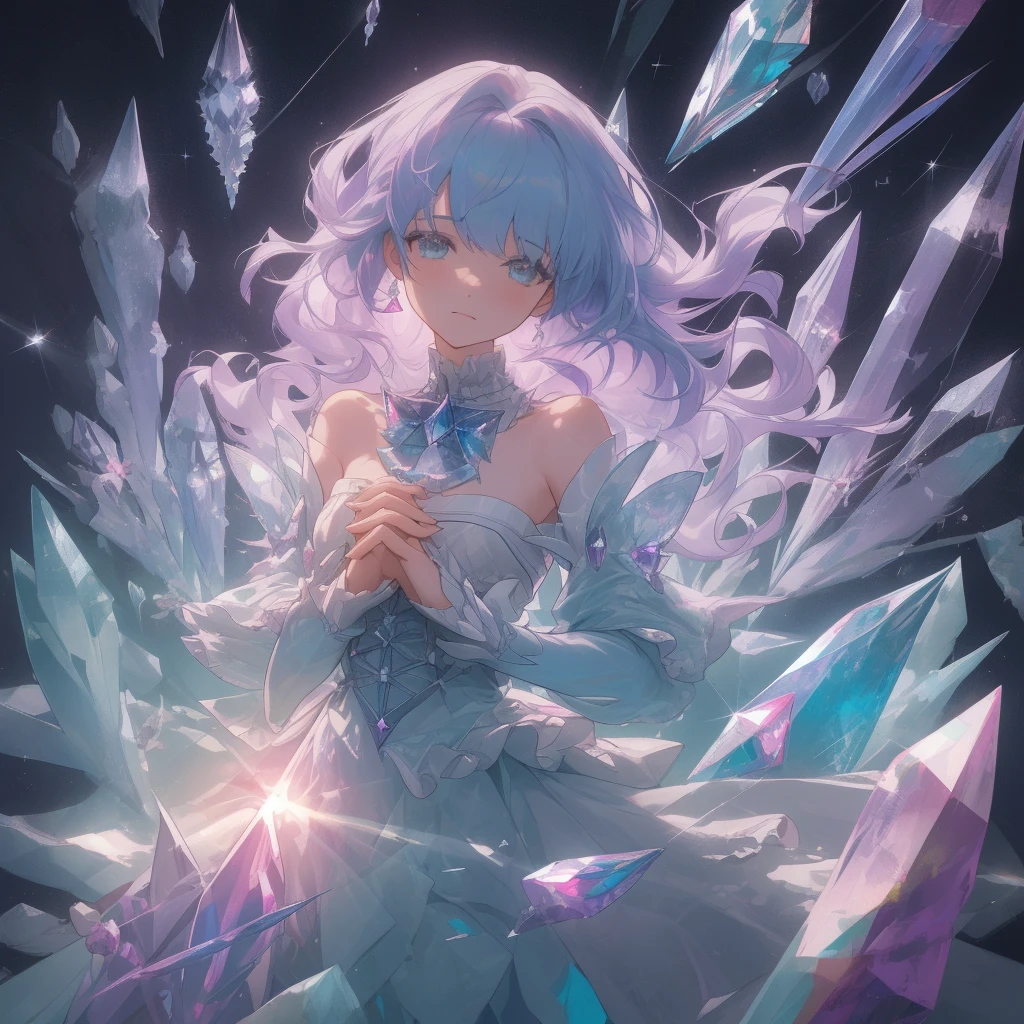 (((crystals texture Hair)))，{{{{{extremely detailed CG}}}}},{{8k_wallpaper}},{{{{Crystalline purple gemstone gloves}}}},((beautiful detailed Glass hair)),((Glass shaped texture hand)),((Crystallize texture body)),Gem body,Hands as clear as jewels,Crystallization of clothes,((crystals texture skin)),sparkle, lens flare, light leaks, Broken glass，{{{{Detailed Glass shaped clothes}}}}， ((masterpiece)), (((best quality))), ((ultra-detailed)), ((illustration)), ((disheveled hair)), ((frills)), (1 girl), (solo), dynamic angle, big top sleeves, floating, beautiful detailed gemstone sky, gemstone sea, beautiful detailed eyes, overexposure, side blunt bangs, hairs between eyes, ribbons, bowties, buttons, bare shoulders, (((small breast))), pleated skirt, crystals texture flowers， ((Detailed crystallized clothing)),(gemstone of body)，solo focus,hands together/own hands together
