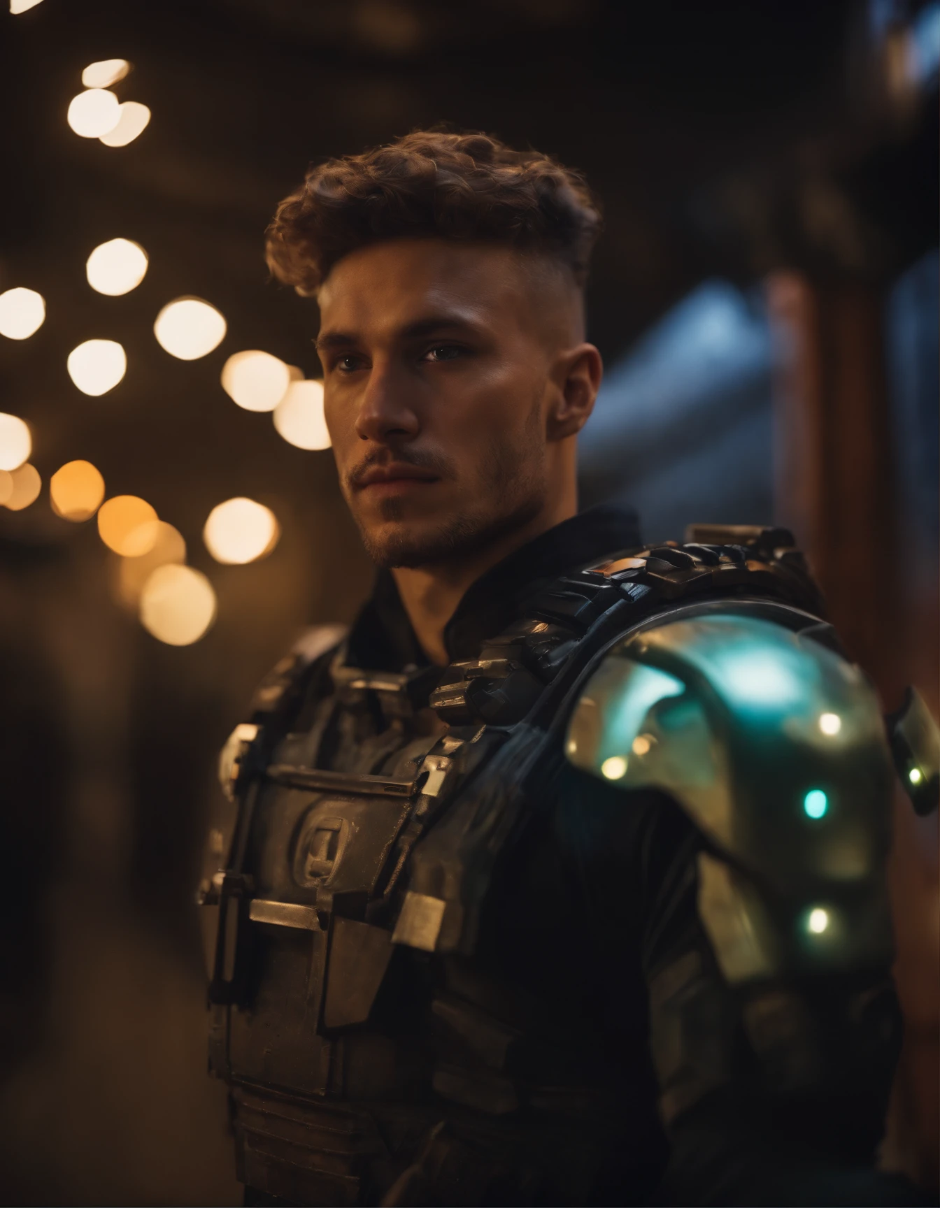 Portrait photo of muscular guy with blacklight makeup in a worn mech suit, cargo RGB pants, light bokeh, intricate, (steel metal (rust)-)+, elegant, sharp focus, photo by greg rutkowski, soft lighting, vibrant colors, masterpiece, (streets)++, detailed face SDXL LoRA, neon ambiance, abstract black oil, gear mecha, detailed acrylic, grunge, intricate complexity, rendered in unreal engine, photorealistic