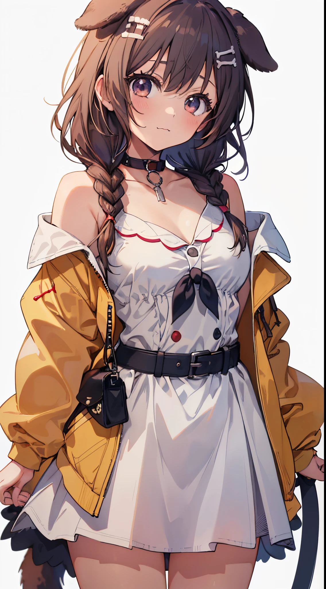 1girl in, Solo, (White background:1.4), Simple background, Standing, Cowboy Shot, corone default, Yellow jacket, White Dress, off shoulders, animal collar, low twin braids, Bone hair ornament, Dog tail, :\3、(((anime styled)))、(((2D)))、(((a closeup)))