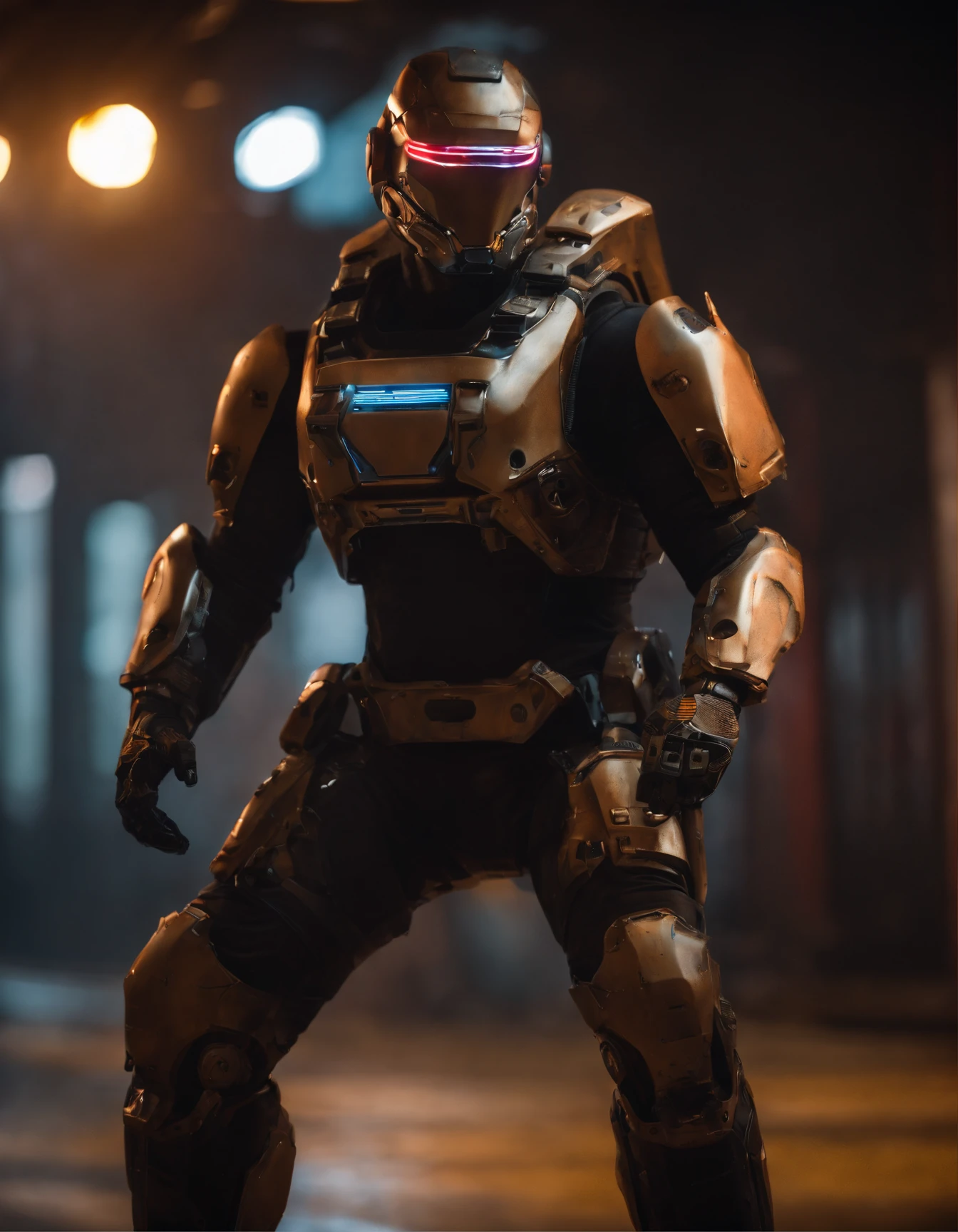 Portrait photo of muscular guy with blacklight makeup in a worn mech suit, cargo RGB pants, light bokeh, intricate, (steel metal (rust)-)+, elegant, sharp focus, photo by greg rutkowski, soft lighting, vibrant colors, masterpiece, (streets)++, detailed face SDXL LoRA, neon ambiance, abstract black oil, gear mecha, detailed acrylic, grunge, intricate complexity, rendered in unreal engine, photorealistic