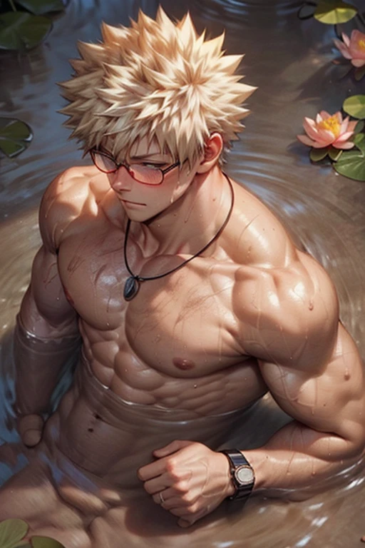 Muscular bakugou katsuki laying down on water top view, relaxed expression, red tattoo on abs, naked penis , ((mud on body)), muscular pecs and washboard abs, sweating heavily, wristwatch, necklace, lotus flowers in water and water drops on body, round frosted glasses, blushing