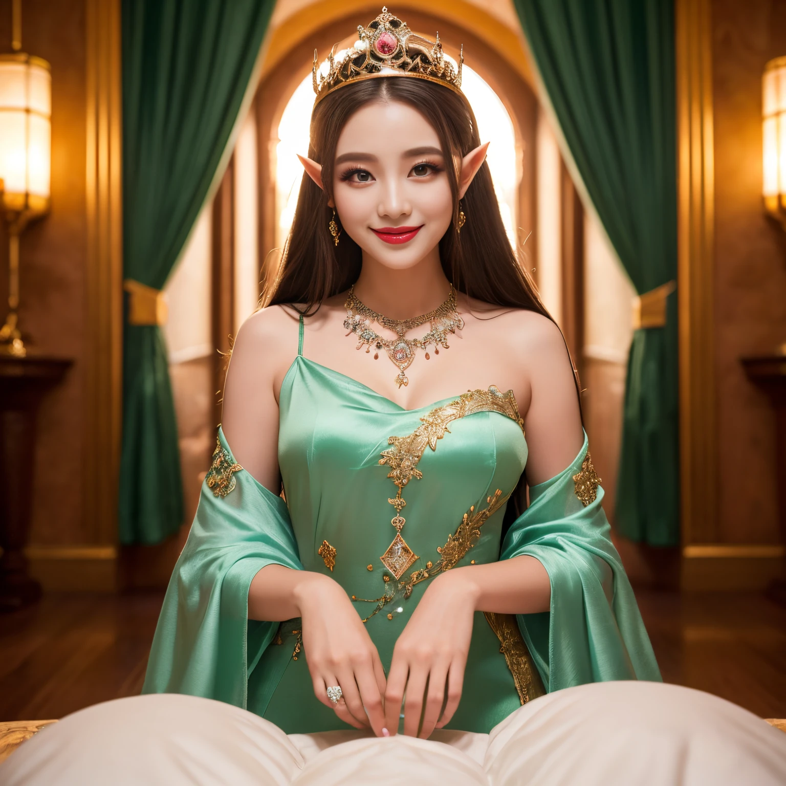 ((top-quality、masutepiece、8K、Top image quality、Highly complex and detailed depictions))、(Photo of the upper body of an elf princess:1.3)、(A garrison tower that shines in a very luxurious and sacred light green:1.3)、huge top quality tiara、huge top quality necklace、fairy tale elf princess、The most sacred prostitute&#39;s luxurious costume、A prostitute&#39;s costume that emits a divine glow、The most beautiful elf princess prostitute、The brilliance of a fairy tale、Fairytale atmosphere、Fantastical、The most intricate and sacred prostitute costume、the most beautiful elf princess in the world、Filled with Divine Light、Fantastical、A garrison house surrounded by sacred green light、spectacular movie lighting、Luxurious guruhouse at night、(Shining garrison house:1.3)、The most luxurious and huge garrison、Shining and luxurious garrison house、Huge guruhouse in the middle of the night、Very complex decoration、(View me、Bewitching smile、Perfect makeup、long eyelashes、lipsticks、Pink eyeshadows、perfect anatomia、A slight smil)