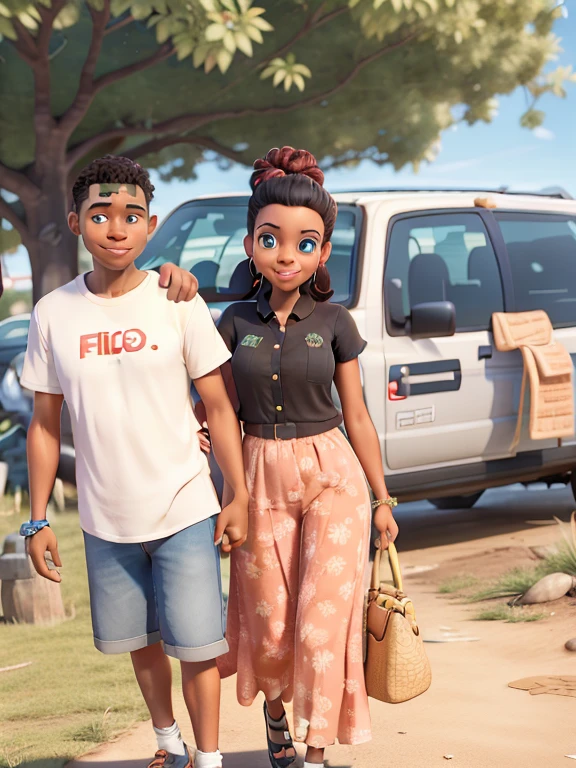 they are standing in front of a car with a bag, lovely black couple, happy couple, facebook post, couple, fine art piece, ney matogrosso with malice, photo shoot, art work, 4 k post, 4k post, fresh from the printer, well edited, by Adam Manyoki, stunning woman, high quality picture, on a bright day 3d image