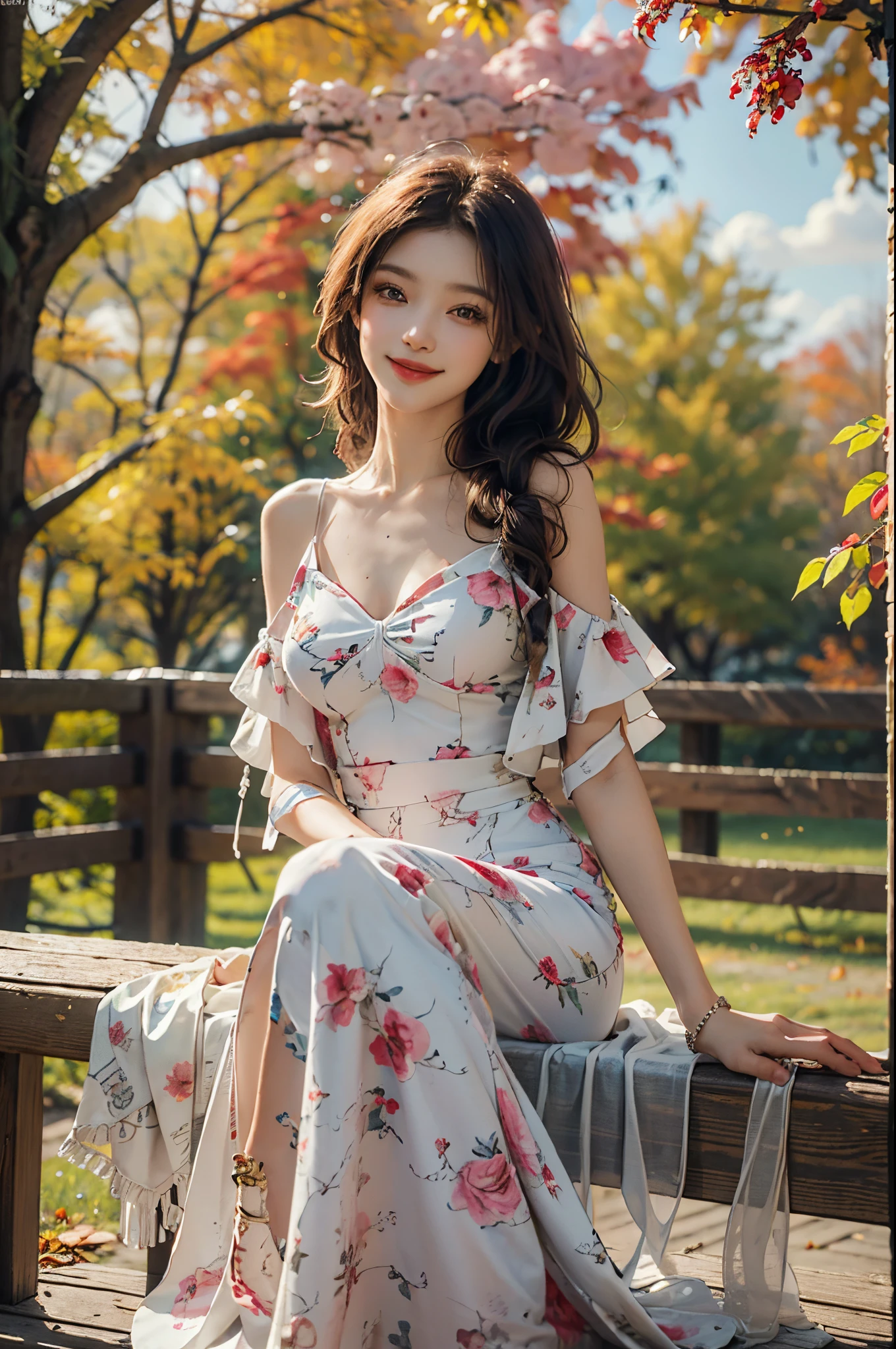 long dress,bare shoulders,fashi-girl, (best quality,4k,8k,highres,masterpiece:1.2),ultra-detailed,realistic:1.37,portrait,beautiful girl,youthful female model,sweet girl,masterpiece,extremely detailed description,super fine painting,exquisite face,slim figure,long legs,smile,radiant smile, Sitting on the bench of the gazebo, autumn, autumn wind and leaves