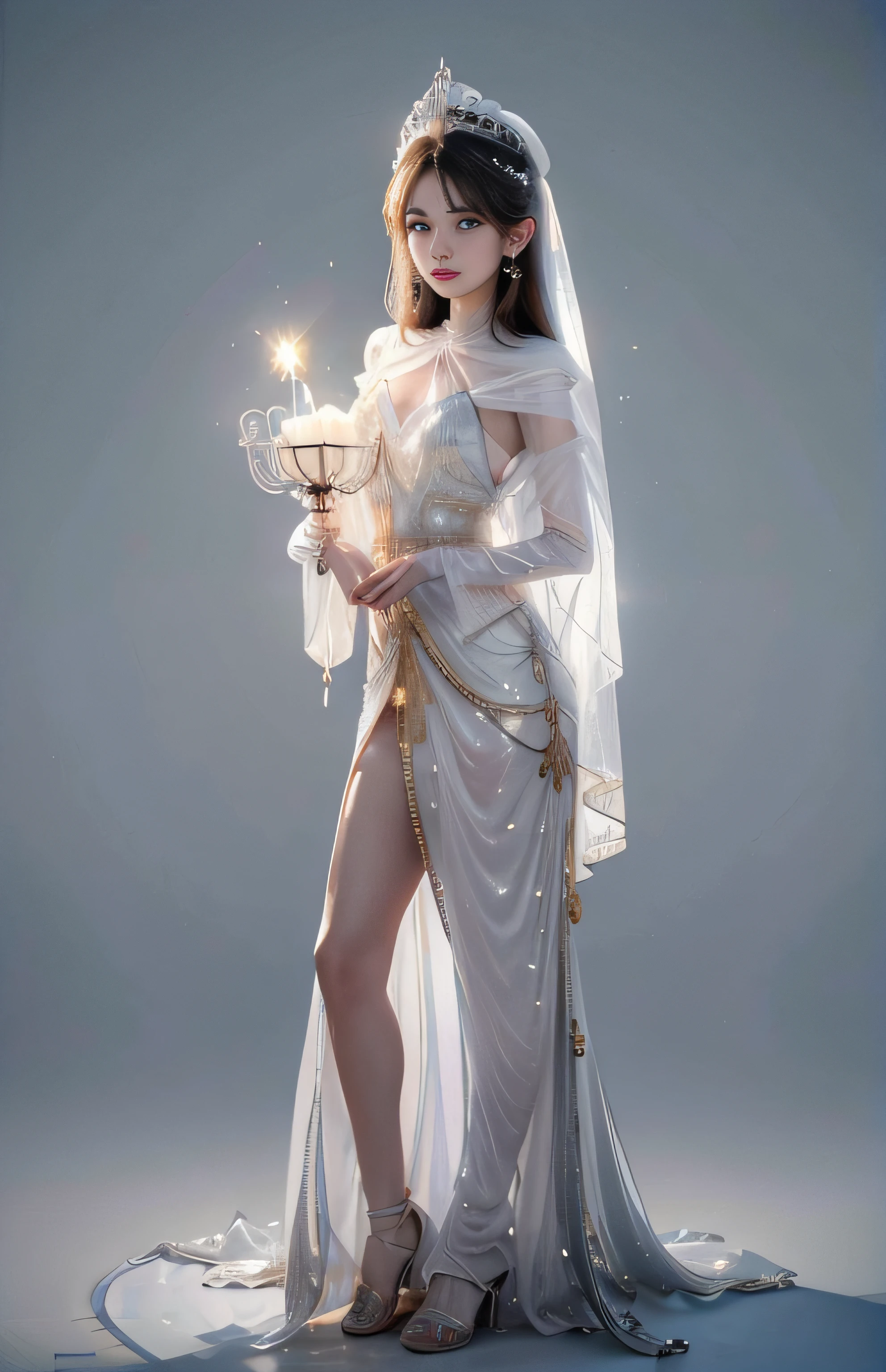 The hat on the back of his head is shining white、Whole body、8K、realphoto、超A high resolution, Master Parts, Best Quality, nffsw , cinematic images,Lovely girl、ann、16years old、Anglo-Saxon、Green eyes、二重まぶた、very droopy eyes、(very, Very big eyes:1.8)、Dark eye shadow、The lips are very thin、The tip of the nose stretches beautifully...................、the tip of the nose is small,,,,, ighly detailed , Gold Hair、Straight hair、Very smile、 Sweet look 、a very beautiful woman、legs are long、 Very clear shadows , jewely , A detailed eye, very intricate, shiny skins , Perfect Brilliant, Perfect Lighting, Dramatic shadows ,White tiara on head、Pure white long dress worn with 3 layers、Pure white long dress with lovely silver embroidery.、Close the white fan and hold it with both hands................、The head has a large white hood、red flower accessories on ears