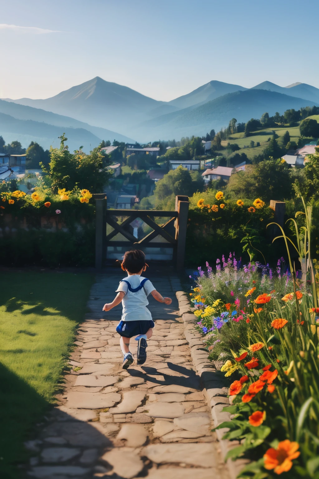 high quality, realistic, 3 years ??? crying with tears running away from school, ,other chasing , morning star pre school, mountains, hills, garden, flower,
play station,