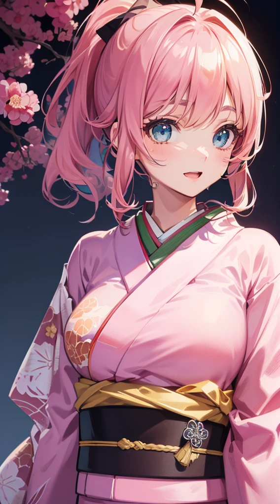 ((Ultra-detailed)), (top-quality),((masterpiece)), ((Super exciting)), ((8K)), ((2160p)), ((extremely clear)), ((Very sophisticated)), ((Anime Graphics)) ((Anime quality)), ((anime illustration)), ((bright background)), ((Rembrandt lighting)), ((glowing skin)), ((3D)), ((upper body)), ((Perfect Anatomy)), ((Solo)), ((a Japanese girl)), ((a baby face)), ((Pink hair)), ((Short ponytail:1.5)), (Large Hair Ribbon), ((Ahoge)), ((drooping eyes)), ((Blue eyes)), ((long eyelashes)), ((Thin eyebrows)), ((Beautiful breasts)), ((Detailed face description)), ((Detailed wears description)), ((realistic skin texture)), ((depth of fields)), ((realistic background)), ((pink kimono:1.4)), (elegant kimono), ((smile)), ((open mouth)), ((new year day)), (look at viewers), (SFW), (plum tree), ((shiny-glistening)), ((gleaming)),
