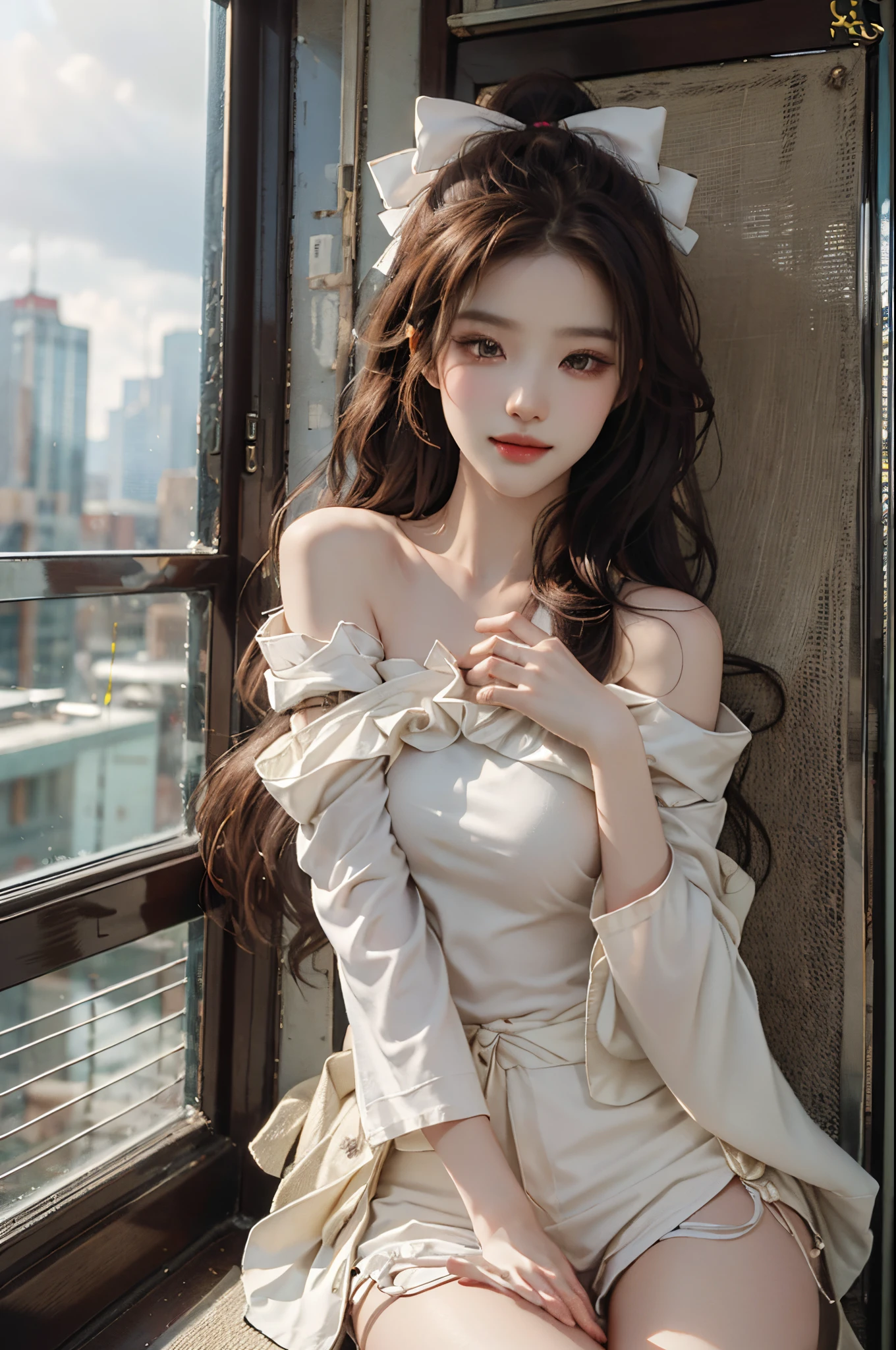 Special clothes34,bare shoulders,shirt,fashi-girl, liuyifei, ((cowboy shot)), (best quality, masterpiece:1.2), ultra-detailed, (realistic:1.37), beautiful, youthful, glamorous model with (detailed eyes, detailed lips, extremely detailed eyes),   in a knee shot, with white and floral colors, showcasing a radiant smile, slender figure, long legs, creating a breathtaking depiction of a girl enjoying the sunshine, On the bow, leaning against the guardrail, looking into the distance