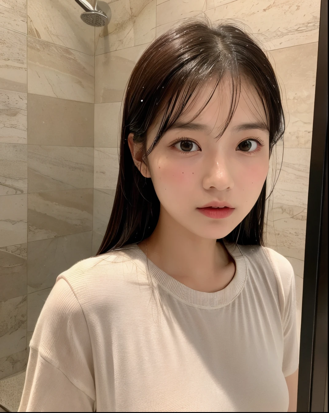 Baby Faced Woman、((top-quality、8k、masterpiece:1.3))、Little woman、1人の女性、huge tit:1.3、slender figures:1.1、elastic dark brown hair、(a shower、a wet body、Wet clothes:1.1)、extra detailed face、detailed lips、A detailed eye、二重まぶた