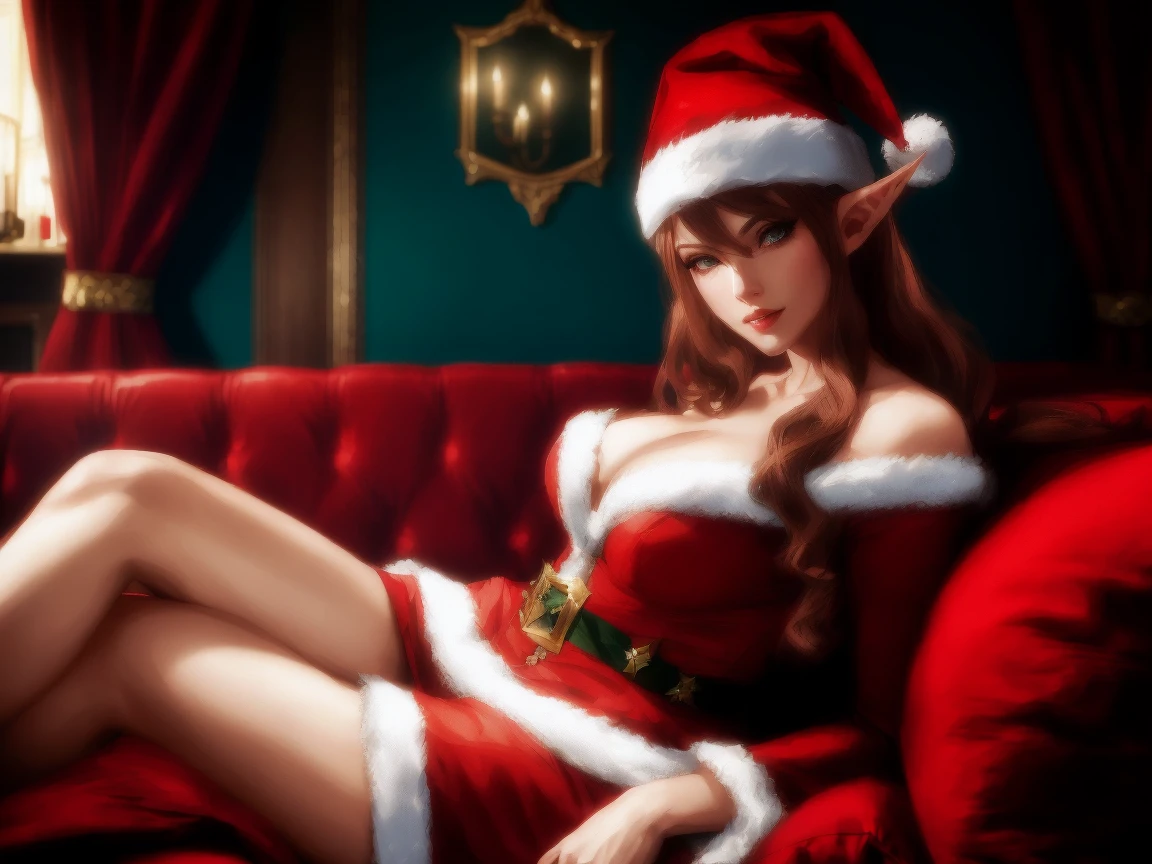 there is a woman in a santa hat laying on a bed, v from devil may cry as an elf, elf, christmas night, ig model | artgerm, elf woman, captured on canon eos r 6, cammy, from league of legends, the anime woman is laying, elves sitting on the couch, trending on cgstation, brown hair, blue eyes