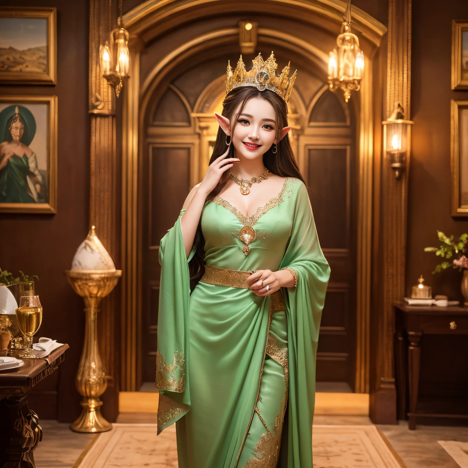 ((top-quality、masutepiece、8K、Top image quality、Highly complex and detailed depictions))、(Photo of the upper body of an elf princess:1.3)、(A garrison tower that shines in a very luxurious and sacred light green:1.3)、huge top quality tiara、huge top quality necklace、fairy tale elf princess、The most sacred prostitute&#39;s luxurious costume、A prostitute&#39;s costume that emits a divine glow、The most beautiful elf princess prostitute、The brilliance of a fairy tale、Fairytale atmosphere、Fantastical、The most intricate and sacred prostitute costume、the most beautiful elf princess in the world、Filled with Divine Light、Fantastical、A garrison house surrounded by sacred green light、spectacular movie lighting、Luxurious guruhouse at night、(Shining garrison house:1.3)、The most luxurious and huge garrison、Shining and luxurious garrison house、Huge guruhouse in the middle of the night、Very complex decoration、(View me、Bewitching smile、Perfect makeup、long eyelashes、lipsticks、Pink eyeshadows、perfect anatomia、A slight smil)