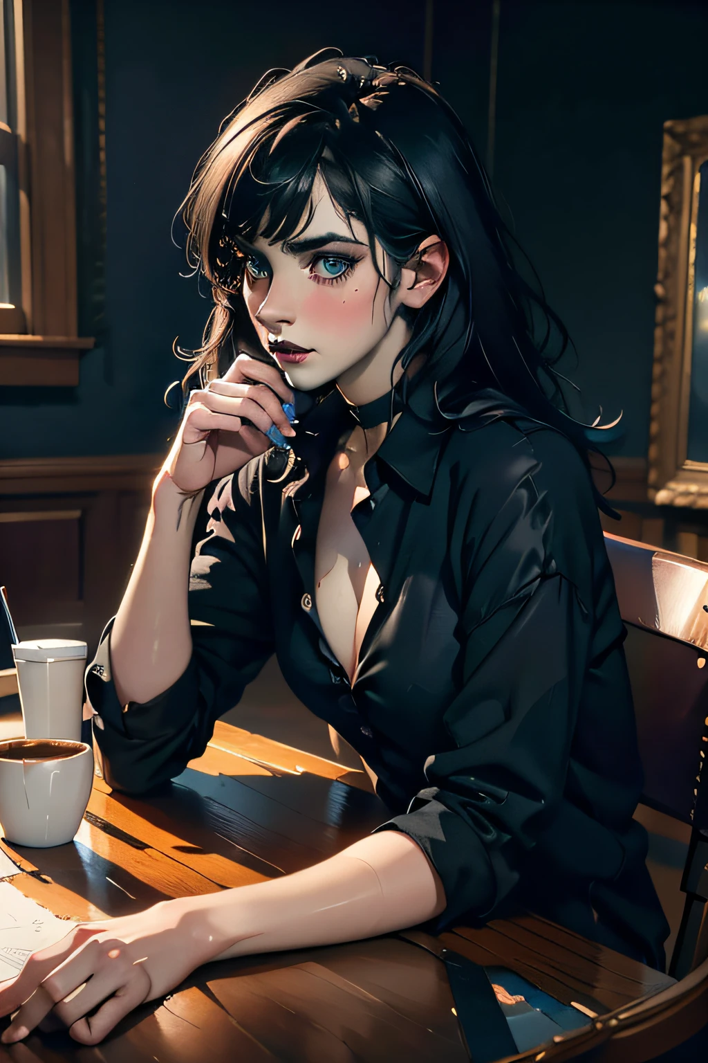 Malcolm Liepke, Beautiful woman with dark hair blue eyeshadow black lipstick, Long messy hair, Painterly, masutepiece, Best Quality, murky、highly contrast、colourfull、saturated, , an artistic pose, Highly detailed, Crisp texture, Cinematic lighting, Solo++, Centered, sitting at desk with coffee cup, saturated and colorful, extremely high contrast, emotive, loose white button up shirt, blush