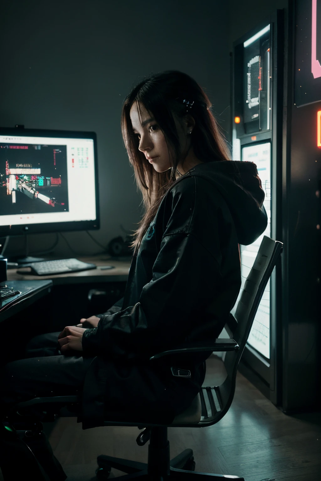 (masutepiece, of the highest quality, Best Quality, Official art, Beautiful and aesthetic:1.2),(Cyberpunk:1.4) In a dark room, A girl is sitting in a gaming chair, Operating a computer. The background consists of skyscrapers and apartments, Provide a view from the window of a residential apartment at night. The entire scene is painted in ultra-high resolution and highest quality. The girl is wearing a long-sleeved hoodie and trousers, Complete immersion in computer work. The image is captured from the side, Drawing a small and cramped room. The materials used in the work are:::、It is a digital illustration in a realistic style, Rich details and vibrant colors. Lighting is carefully designed to create a dramatic atmosphere, Highlight the glow of computer screen on a person's face. Consider including additional details such as cables, peripherals, Wall Posters、Increases the overall realism of the image.