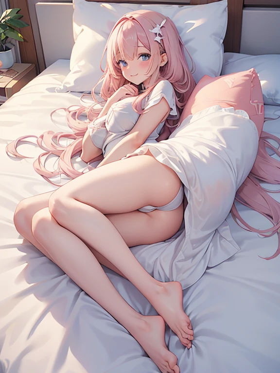 (elongated fluffy body pillow:1.2)、Prone、angel hugging a pillow, wrap your legs around the pillow、focus on her butt, goddes beautiful angel, medium large breast, tulle flowin garment, caring smile, blushed,