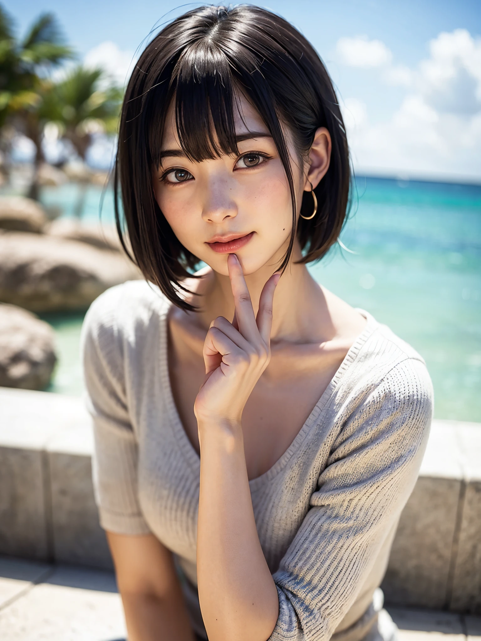 ***1人、top-quality、realisitic、独奏、depth of fields、natural soft light、during daytime、魅惑的、beauitful face、Cleanliness、Pure face、de pele branca、kawaii、short-hair、bangss、the beach、rays of sunshine、nedium breasts、full body Esbian、((Sweaters、Beautiful face of golden proportions、Beautiful face with symmetry))、long neck、Put your ears out、Clean short bob hair with bangs、Smile with your mouth closed、Perfect fingers、perfect hand、Perfect body、face perfect、Shine a light into the eyes、Perfect Anatomy:1.4、very cute super model:1.4