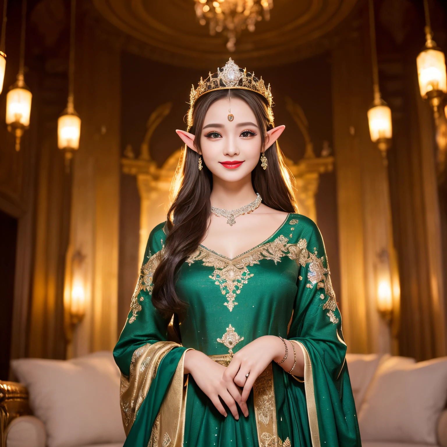 ((top-quality、masutepiece、8K、Top image quality、Highly complex and detailed depictions))、(Photo of the upper body of an elf princess:1.3)、huge top quality tiara、huge top quality necklace、the most beautiful elf princess、fairy tale elf princess、The Most Sacred Princess Dresses、Dresses that emit light from the inside、the most beautiful elf princess dress、The brilliance of a fairy tale、Fairytale atmosphere、Fantastical、The most intricate and sacred dresses、the most beautiful elf princess in the world、Luminous Dresses、Filled with Divine Light、Extravagant tiaras and necklaces、Fantastical、A garrison house surrounded by sacred green light、spectacular movie lighting、Luxurious guruhouse at night、(Shining garrison house:1.3)、The most luxurious and huge garrison、Shining and luxurious garrison house、A garrison tower that shines in a very luxurious and sacred light green、Huge guruhouse in the middle of the night、Very complex decoration))、(View me、Bewitching smile、Perfect makeup、long eyelashes、lipsticks、Pink eyeshadows、perfect anatomia、A slight smil)