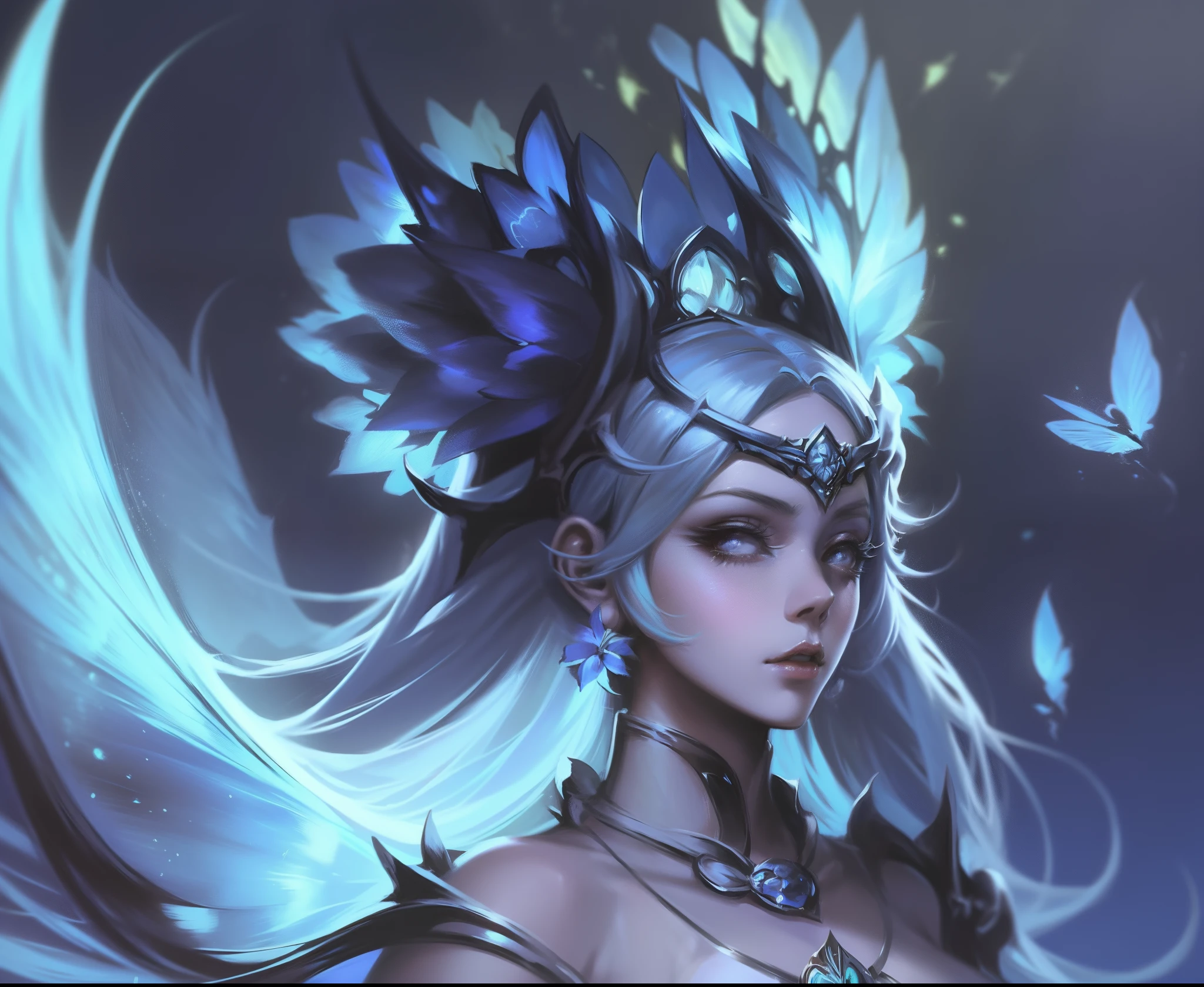 animemanga girl，blue hairs，a blue dress，Wearing a big headdress, Very detailed artistic germ, Details, Irelia, Art germ. high detal, ! dream art jem, onmyoji detailed art, Most models | Art germ, art jem style, art germ on artstation pixiv