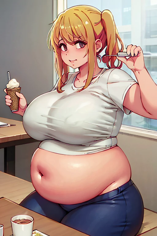 fat, large belly, standing, fat belly, very fat, large stomach, chubby,very fat, safe for work, obese, giant belly, fat, huge, heavy, very fat, safe for work, fat, large belly, standing, grabbing belly, very fat, large stomach, chubby (best quality, masterpiece),safe for work, obese, giant belly, fat, huge, heavy, very fat, safe for work, fat, large belly, standing, grabbing belly, very fat, large stomach, chubby (best quality, masterpiece), sitting down on cough, eating ice-cream, table with ice cream, blonde