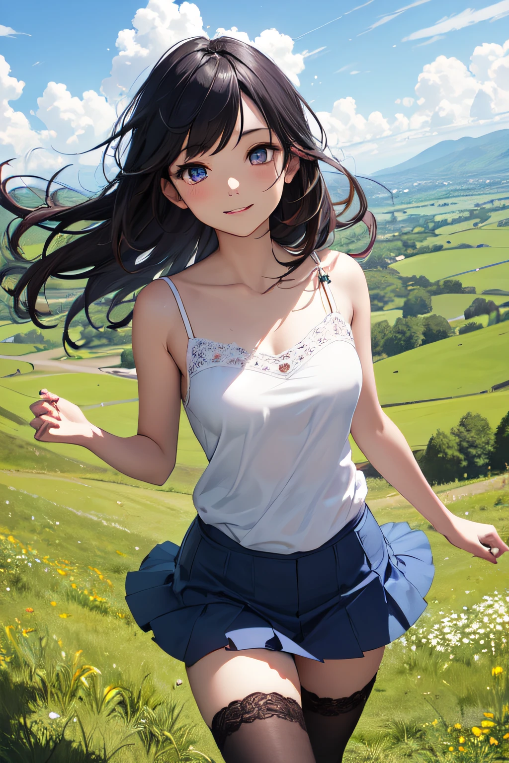 Very cute and beautiful girl,(very detailed beautiful face and eyes:1.2),(Happy),(White camisole),(Cowboy Shot),
zettai ryouiki,Beautiful legs,(Blue mini skirt),Dynamic Pose,Dynamic Angle,Black hair,twin braids,countryside,grassy fields,On the hill,Small multicolored flowers,
(Best Quality,masutepiece:1.2),Intricate details,hight resolution,(1 girl,Solo:1.2),
Natural lighting,Hair fluttering in the wind,Beautiful detailed sky,Looking at Viewer,
