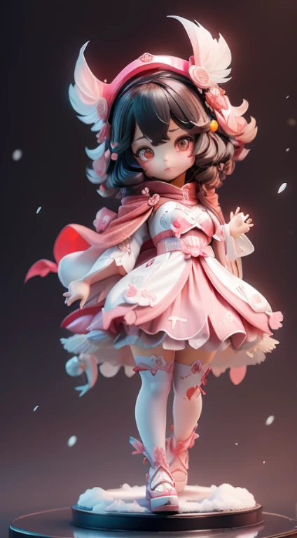 Blind box style， Girl in pink dress posing enchantingly，Keqing from Genshin Impact，Nakari from Genshin Impact，（Barbie wears white lace stockings，Expose side breast），From Azure Lane Video Games，Ki no Sakura，Popular on CGSTATION，ayaka genshin shock，1girl， Feathered feidie_helmet， White furry coat，， yuki， tmasterpiece， 8k， best qualtiy， black long straight hair， Red furry cape， cloaks，There are birds in the sky，There are butterflies in front（full body2.0）Snowy mountains in the back，The sky is blue，Flowers in hand，(realisticlying，真实感，Sexy slim model figure),